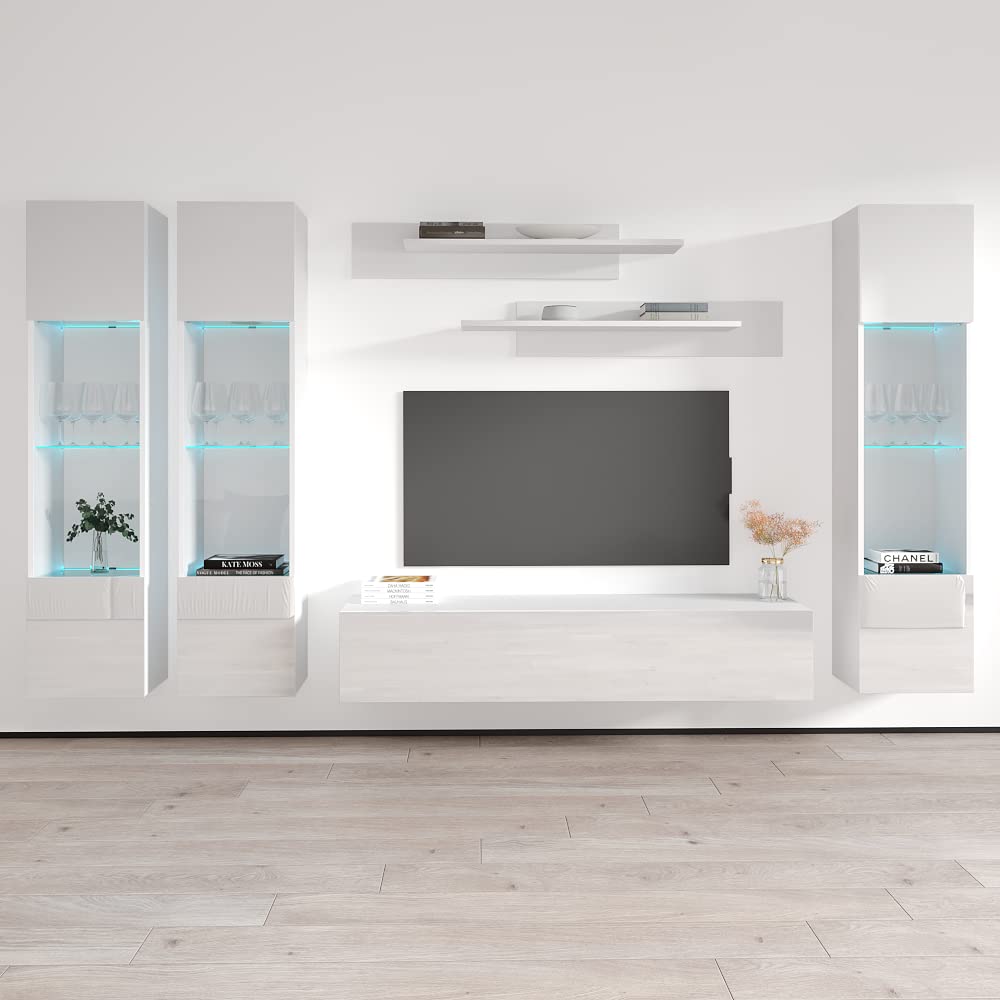 Modern White Wall-Mounted TV Stand with Storage Shelves & LED Lights - Floating Entertainment Center Console for Bedroom & Living Room - Perfect for Small Spaces & Home Theater Setups - Meble Furniture Fly CD3 30TV Stand