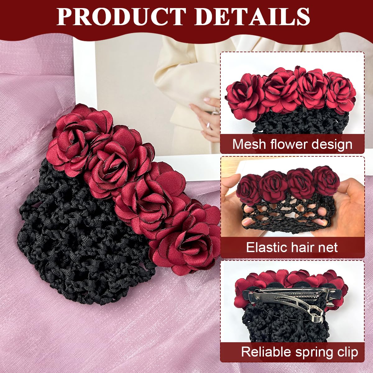 MAYCREATE® Women's Floral Hair Bun Clip with Net - Elegant Hair Accessories for Work, Daily Use, Dancers & Nurses (Red) | Perfect for Professional, Casual & Dance Occasions