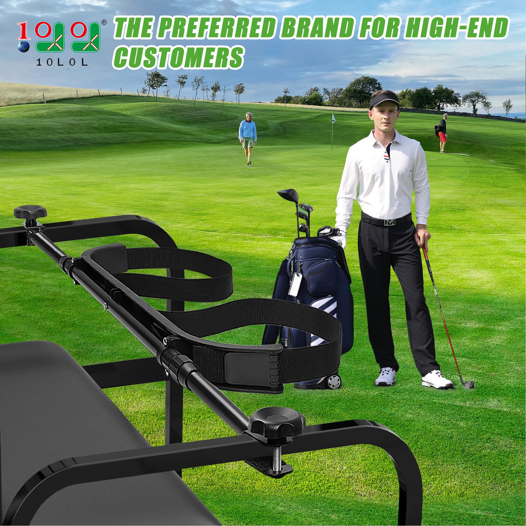 Universal Golf Bag Holder Attachment - No-Drilling Required for Yamaha, EZGO & Club Car Carts | Adjustable Rear Seat Golf Club Holder with Bonus Strap | Perfect for Golf Course, Driving Range & RV Travel