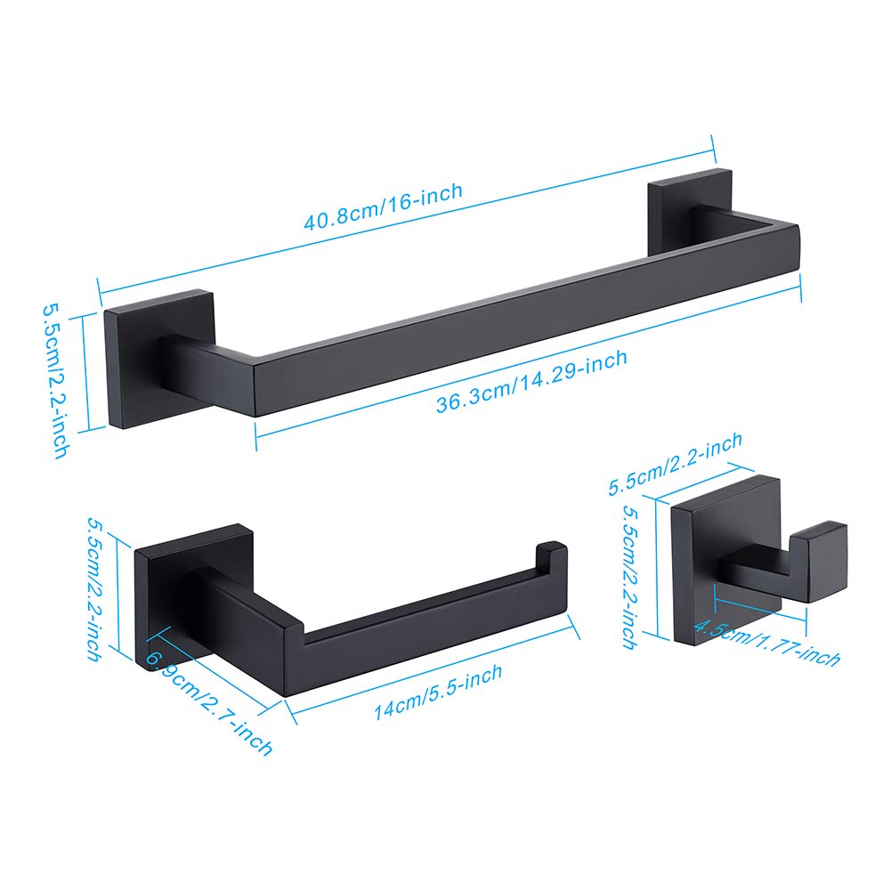 TASTOS 3-Piece Matte Black Bathroom Hardware Set - Premium Stainless Steel Wall Mounted Robe Hook, Toilet Paper Holder & 16-Inch Towel Bar - Modern Bathroom Accessories for Home & Hotel Use