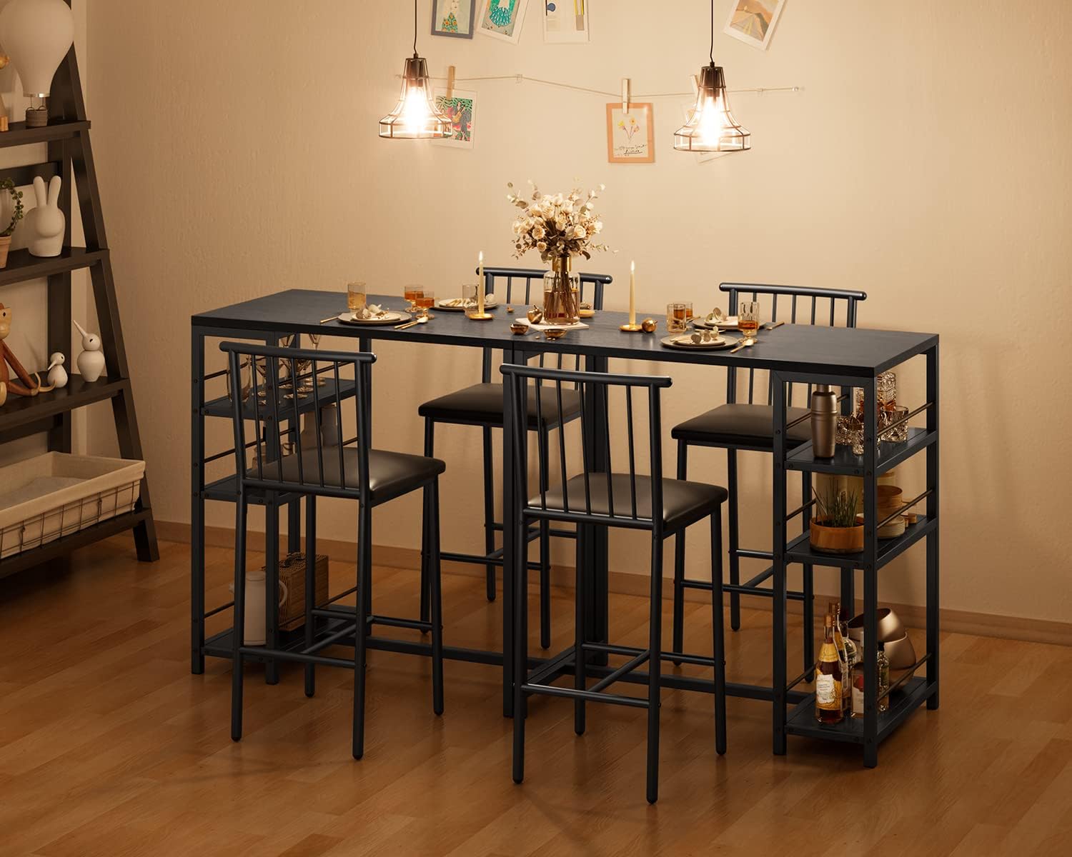 Gizoon 3-Piece Dining Table Set for 2 with Storage Shelves - Kitchen Table & Chairs with PU Cushion Seats & Thick Wood Top - Compact Space-Saving Design for Small Apartments, Breakfast Nooks & Cozy Kitchens - Black