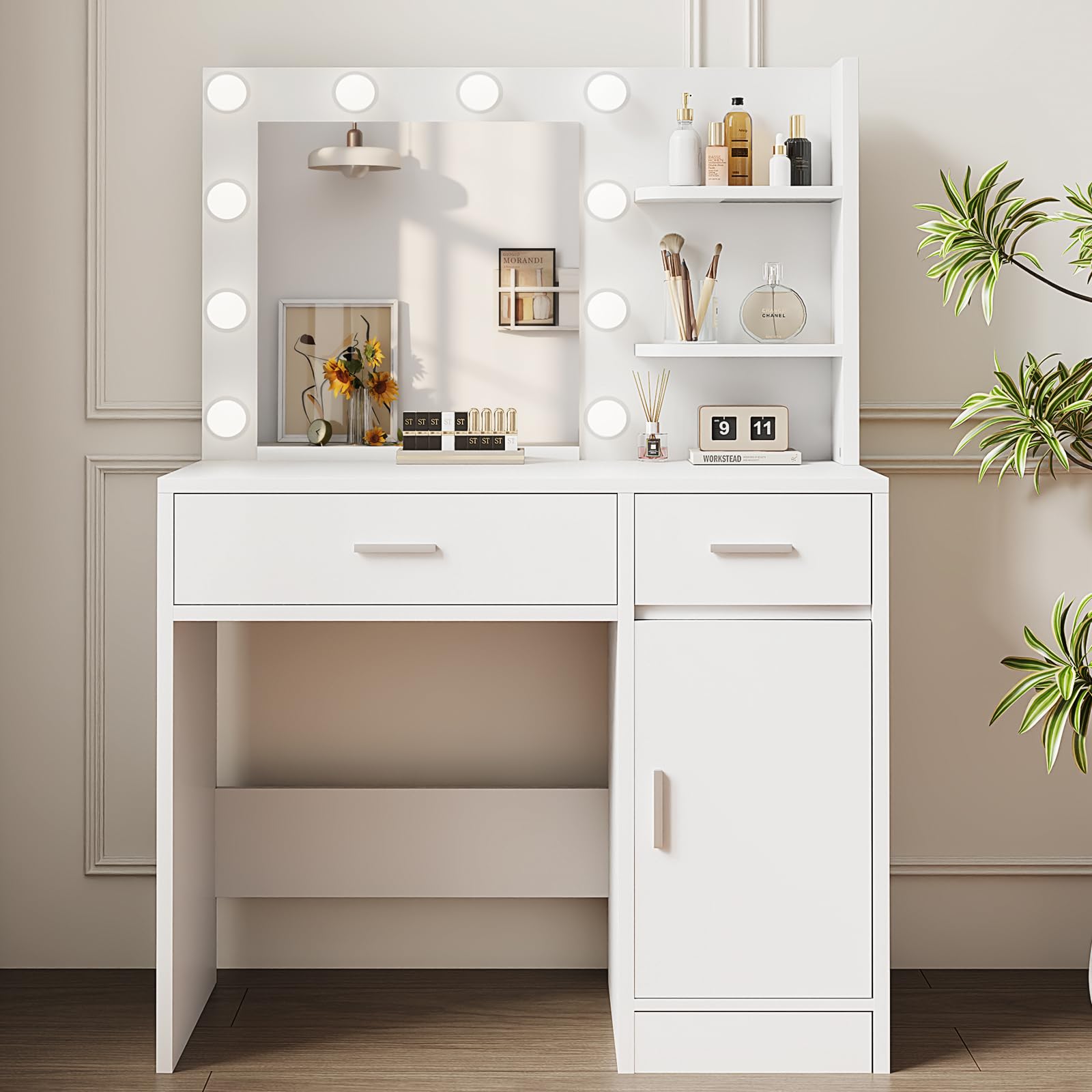 Vanity Desk with Mirror and LED Lights - Makeup Vanity Table with Drawers, Storage Shelves & Cabinet - 3 Adjustable Lighting Modes - White Dressing Table for Bedroom - Perfect for Makeup Application, Skincare Routine & Home Beauty Station