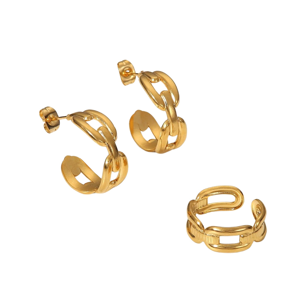 18K Gold Plated Hollow Connected Chain C Hoop Earrings & Ring Set - Trendy Jewelry for Women | Perfect for Parties, Weddings & Everyday Wear | JDE835