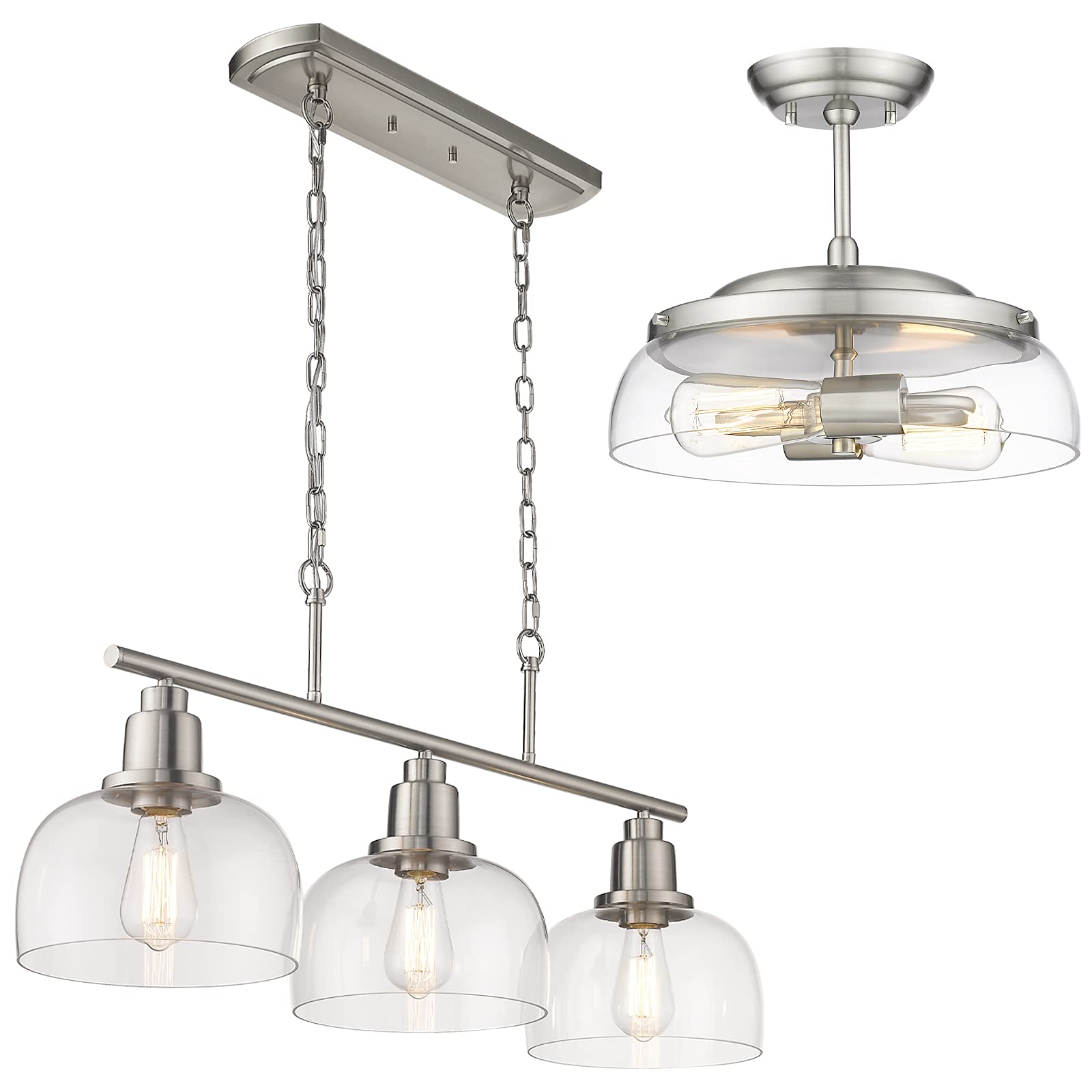 EAPUDUN 3-Light Linear Chandelier - Brushed Nickel Finish with Clear Glass Shade - Modern Farmhouse Lighting for Kitchen Island, Dining Room, Foyer, Hallway & Entryway - Perfect for Home, Restaurant and Cafe Decor