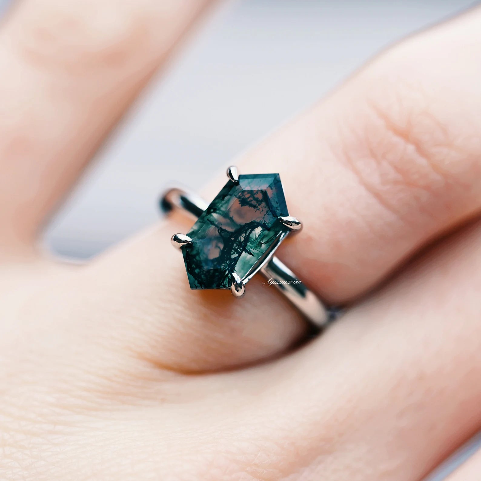 Hexagon Green Moss Agate Ring - Sterling Silver 925 Handmade Boho Jewelry for Women, Nature Inspired Healing Crystal Ring for Everyday Wear & Spiritual Gifts