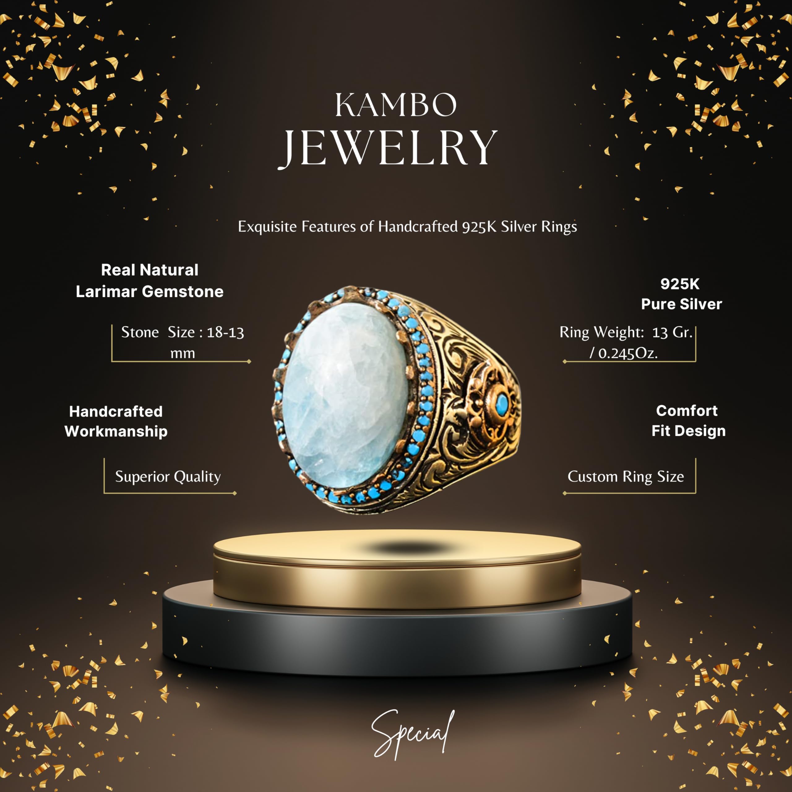 Handmade Sterling Silver Real Natural Larimar Gemstone King Ring for Men | Luxury Statement Jewelry for Weddings, Parties & Gifts