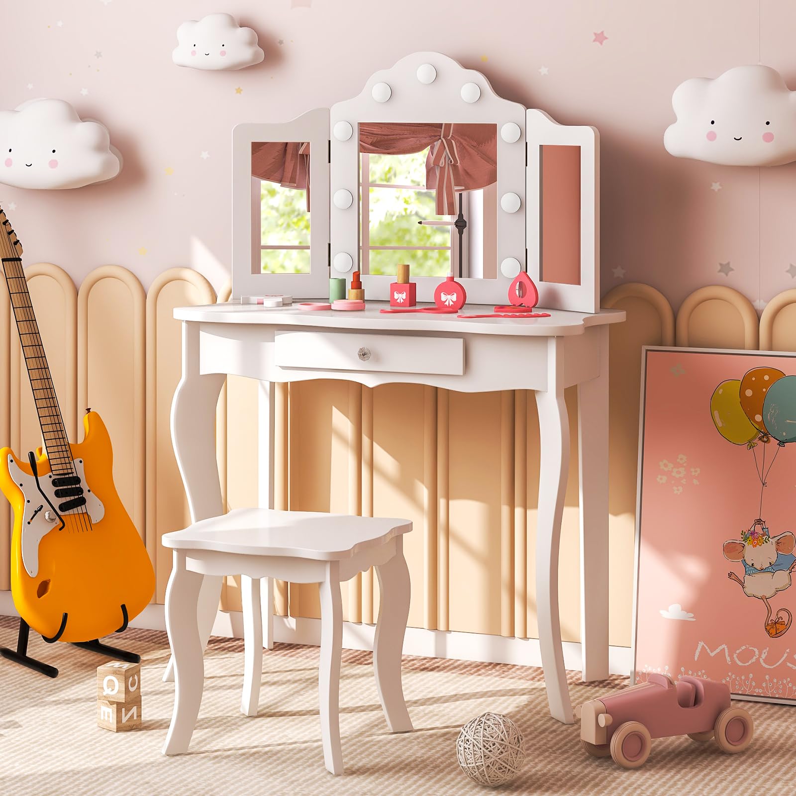 Costzon Kids Vanity Set with Mirror, Stool & LED Lights - 2-in-1 Wooden Princess Makeup Dressing Table with Drawers - White Toddler Vanity Desk for Girls Pretend Play (Perfect for Bedroom Playroom & Birthday Gifts)