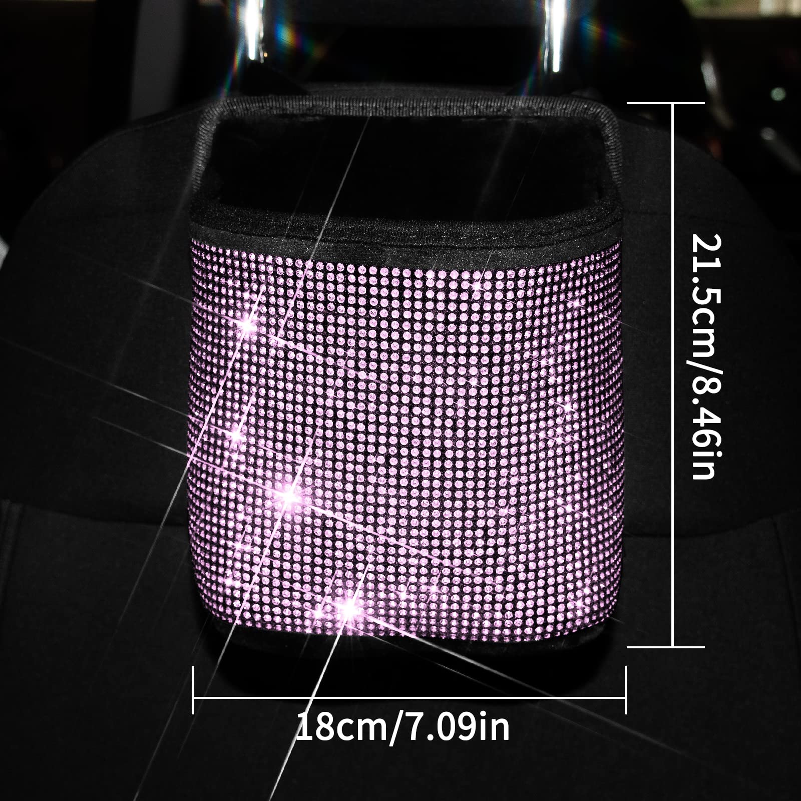 Premium Bling Crystal Car Seat Organizer - Front & Back Seat Travel Caddy Bag with Garbage Pocket Bin | Diamond Car Accessory (1-Pack, Pink) | Perfect for Road Trips, Commuting & Family Travel