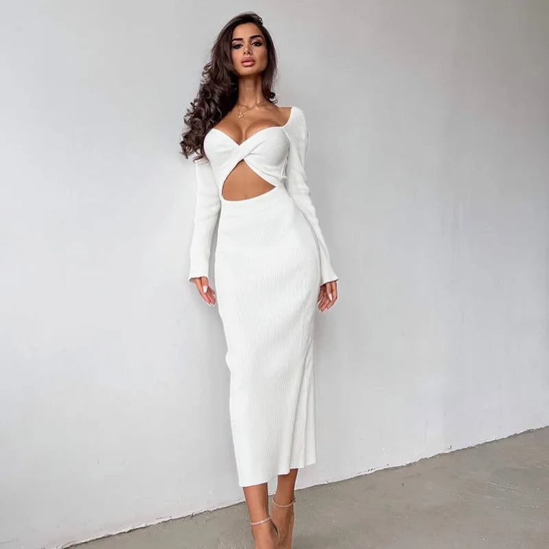 Elegant White Ribbed Fabric Dress - Long Sleeve O-Neck Hollow High Waist Slim Fit Crop Top with Knee Length Skirt | Perfect for Fall Fashion, Date Nights & Office Wear