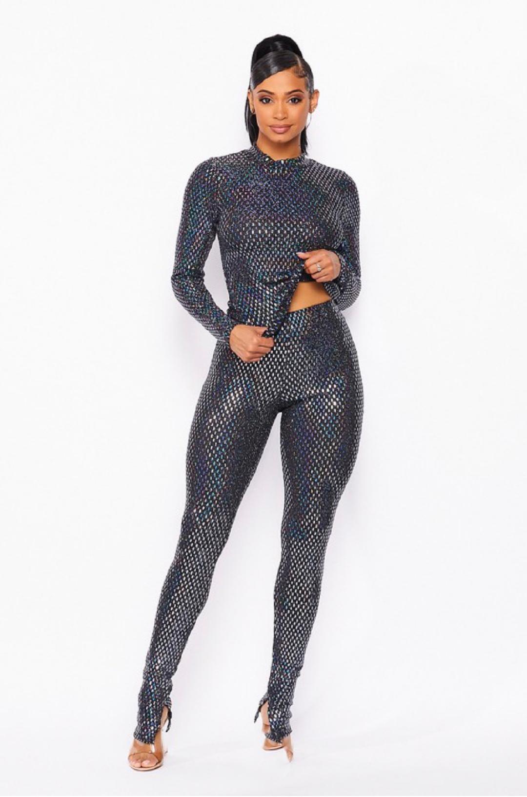 Sparkly Silver Pant Set for Women - Elegant Party Outfit, Lounge Wear & Night Out Fashion
