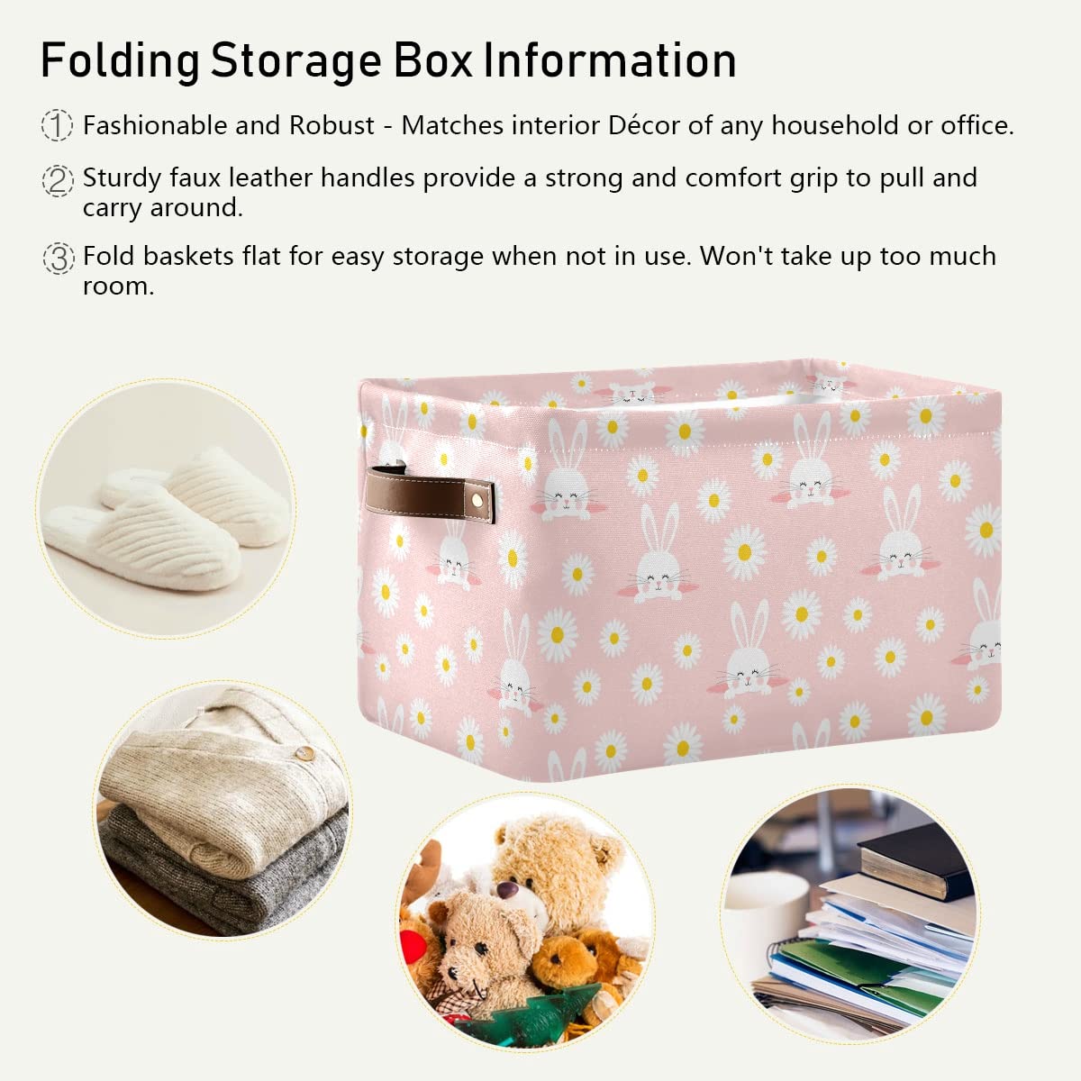 Collapsible Pink Rectangle Storage Basket with Daisy Garden & Rabbits Design - Waterproof Organizer Bin for Nursery Toys, Books, Closet Shelves & Bedroom Decor | Perfect for Kids' Room, Playroom & Home Organization