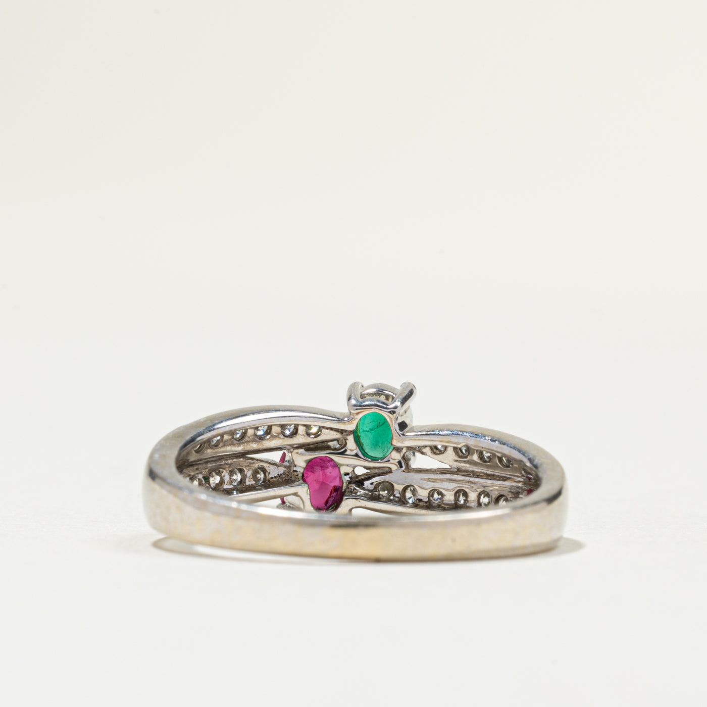 Toi et Moi Emerald Ruby Diamond Ring - 0.24ct Emerald, 0.10ct Ruby & 0.18ctw Diamonds - Size 7.5 - Elegant Engagement, Anniversary or Gift Jewelry for Women