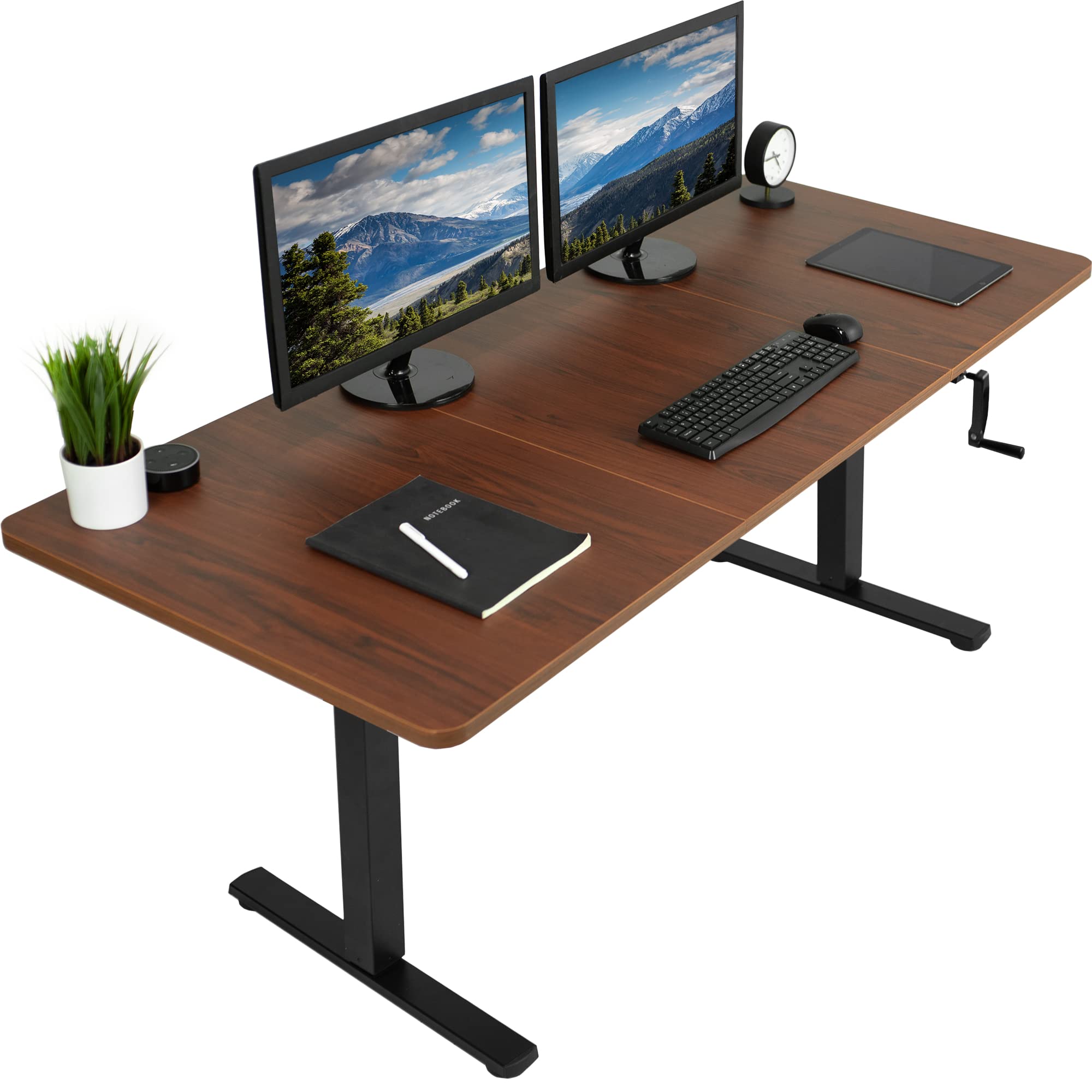 VIVO 71 x 30 Inch Adjustable Height Standing Desk - Dark Walnut Table Top with Black Frame, Manual Crank Handle, Ergonomic Home Office Workstation for Work from Home & Study (Foldable Design)