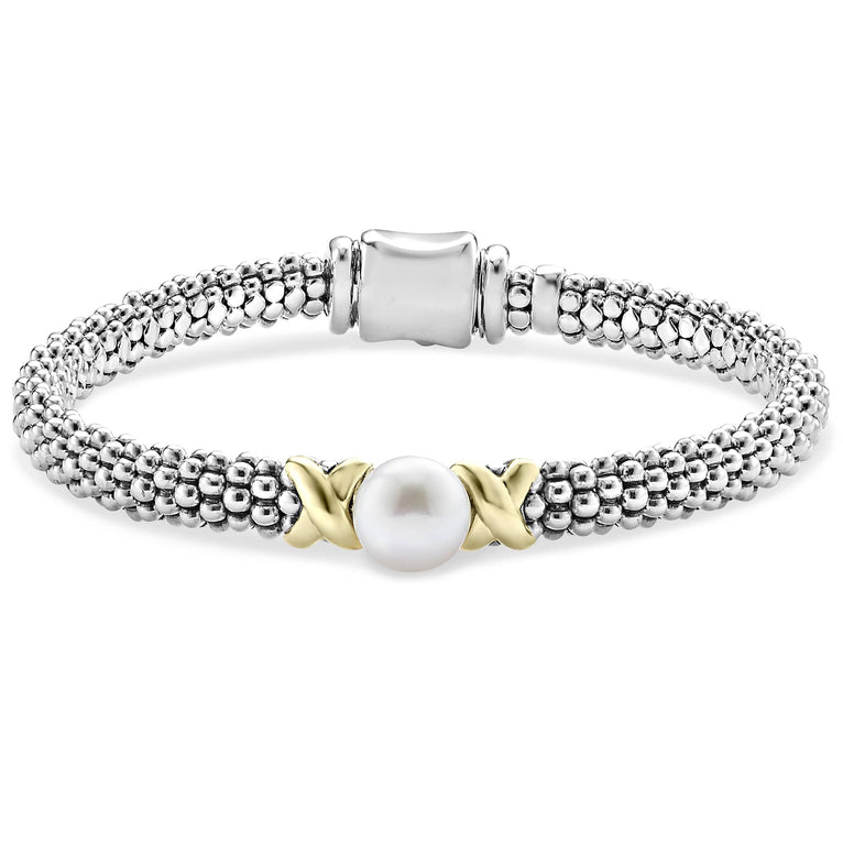 Elegant Two-Tone X Pearl Caviar Bracelet - 6mm Beaded Jewelry for Women | Perfect for Parties, Weddings & Everyday Wear