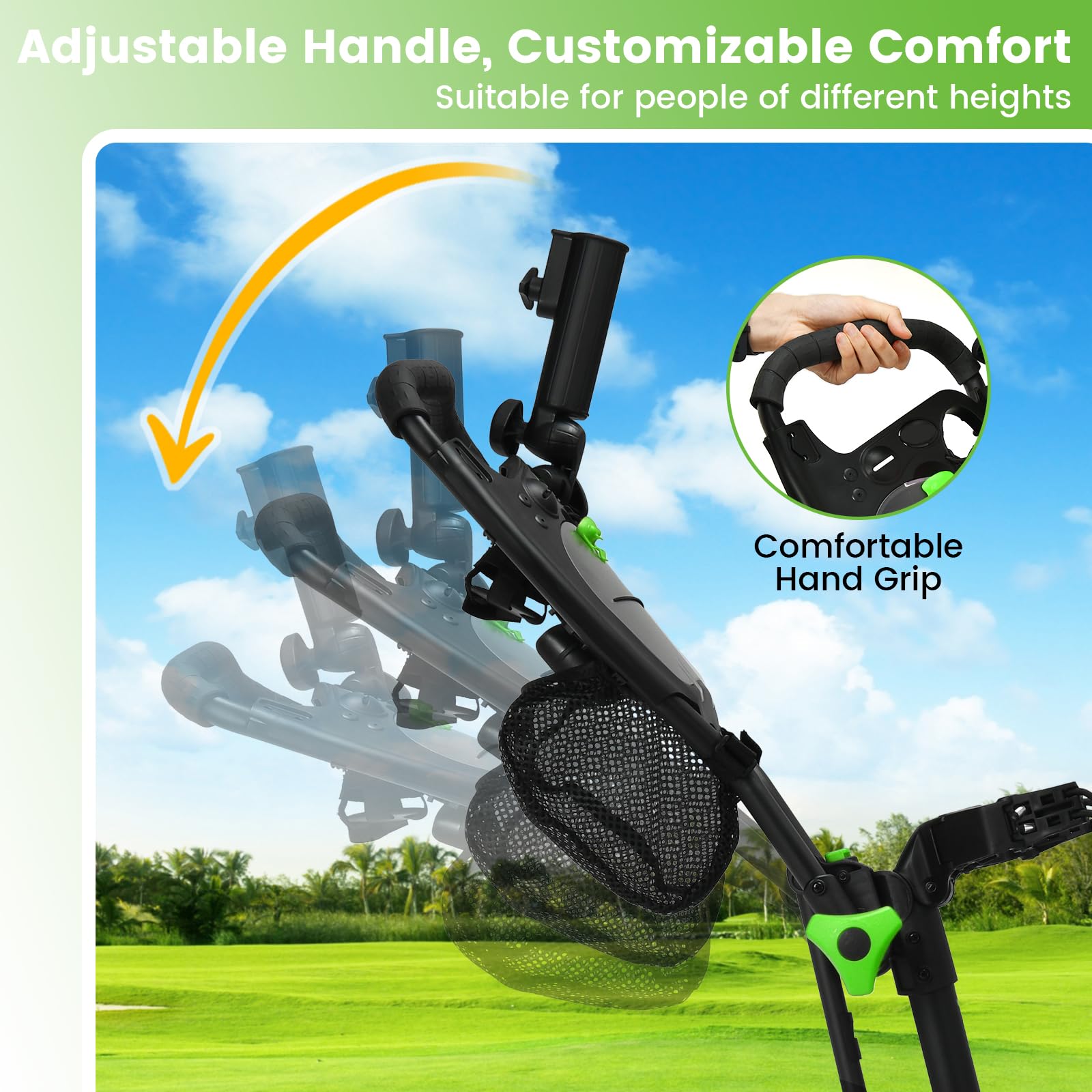 Ultimate 3 Wheel Golf Push Cart - Lightweight Folding Golf Trolley with Scorecard Holder, Cup Holder, Umbrella Holder & Golf Bag Holder - Includes Mesh Storage Bag, Adjustable Handle & Foot Brake - Perfect for Golf Courses, Driving Ranges & Outdoor Practice Sessions