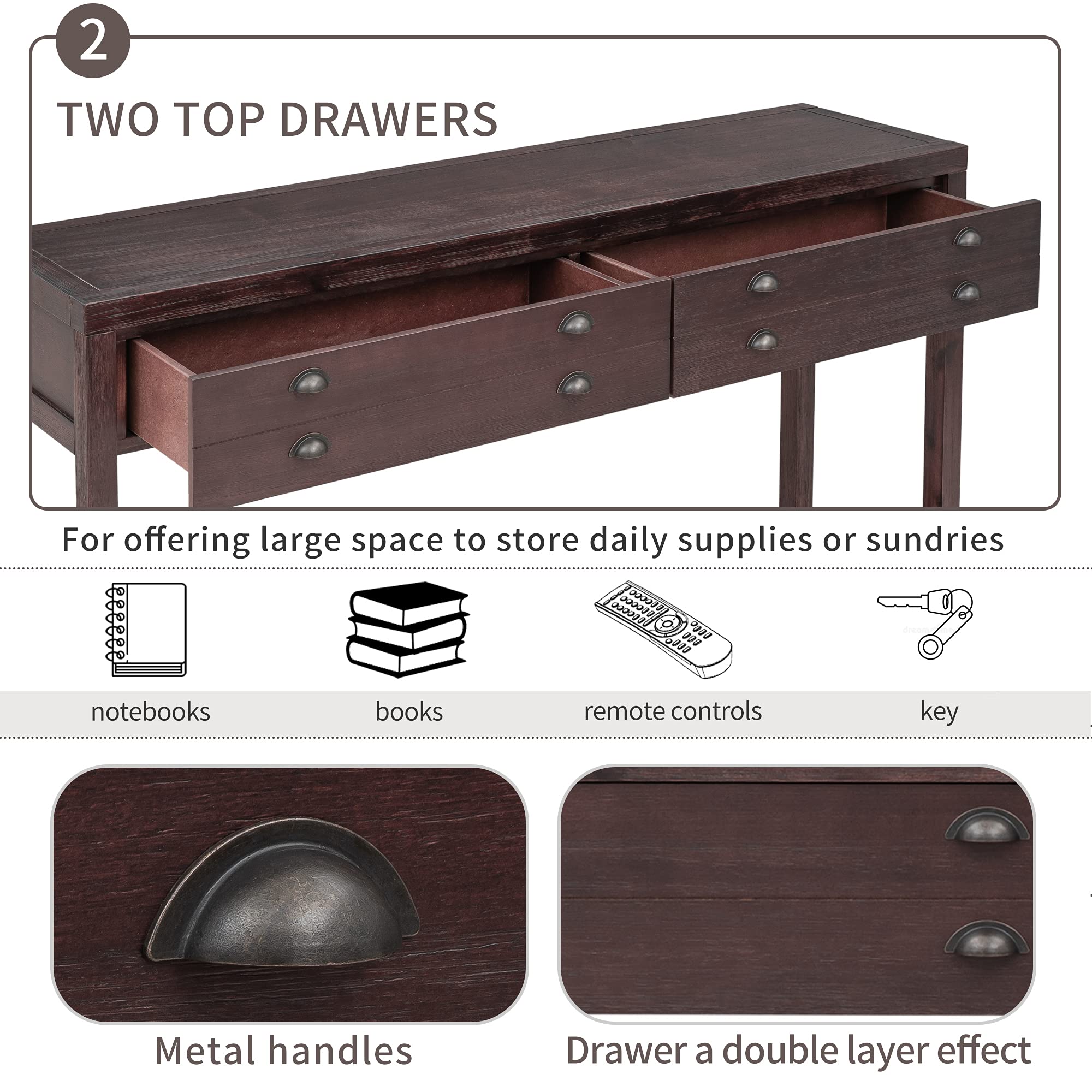 Solid Wood Console Table with 2 Large Storage Drawers, Rustic Entryway Sofa Table with Open Shelf - Modern TV Stand for Living Room, Bedroom, Hallway (Espresso, Large Size) | Perfect for Small Space Organization & Home Decor