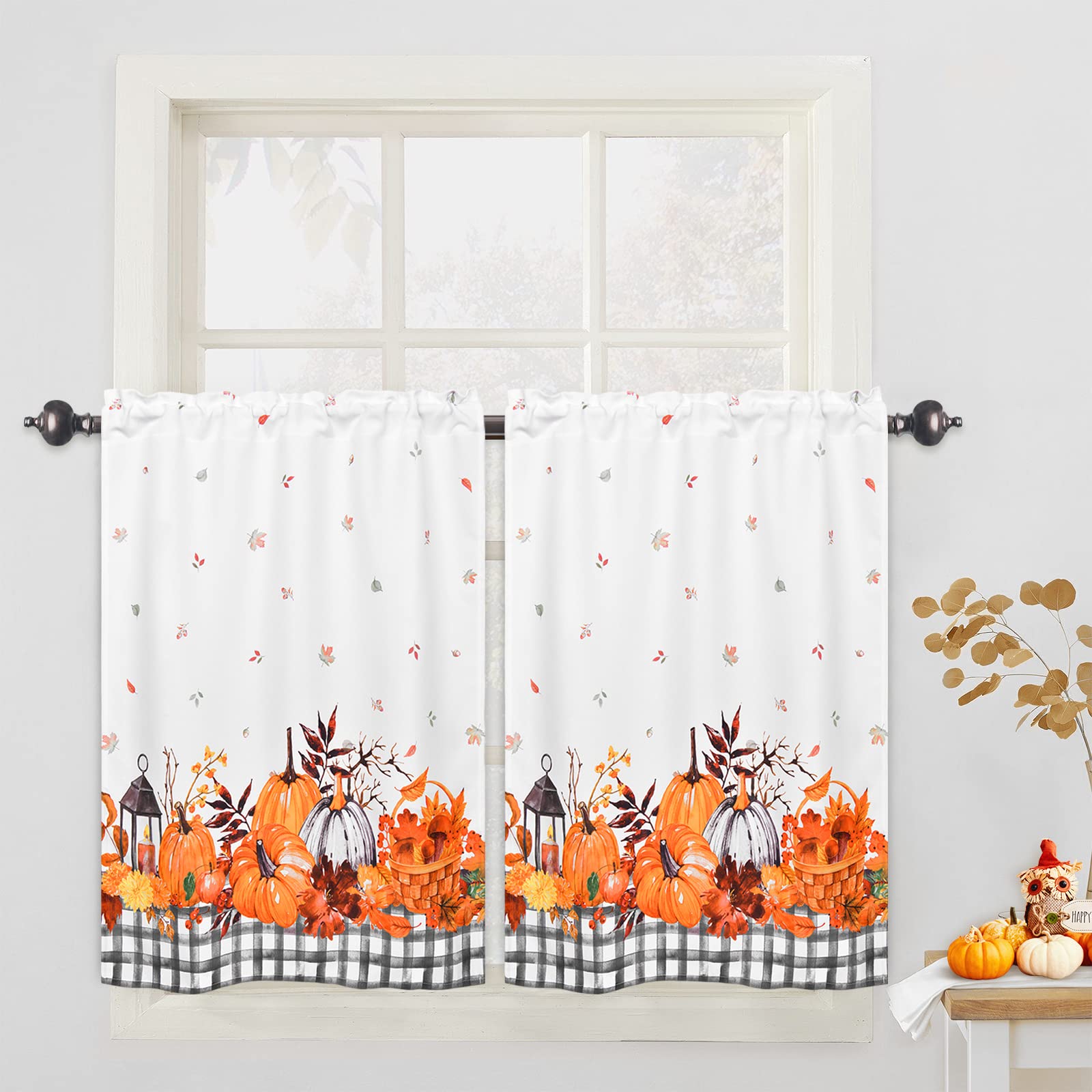 Thanksgiving Fall Kitchen Curtains - Maple Leaf & Pumpkin Print Black White Buffalo Plaid Window Tiers - 30''W x 36''L Rod Pocket Curtain Panels for Cafe, Bathroom, Bedroom - Perfect for Autumn Decor & Holiday Home Styling