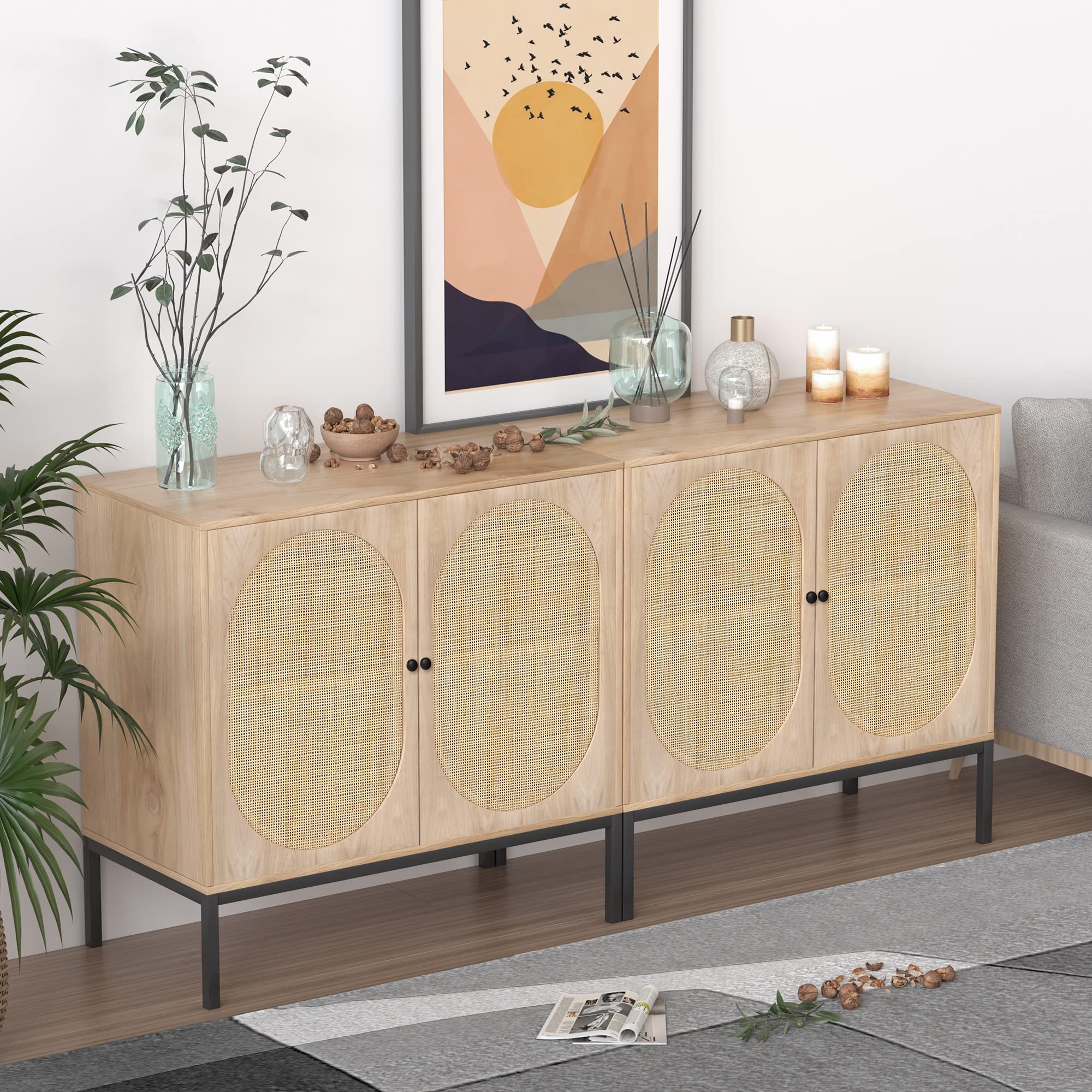 XIAO WEI Rattan Storage Cabinet with Doors - Modern Boho Farmhouse Accent Sideboard Buffet Cabinet with Metal Legs, Natural Finish - Perfect for Living Room, Hallway, Kitchen & Dining Room Storage & Decor