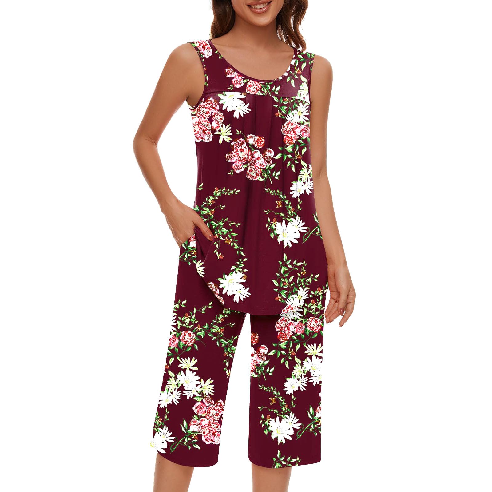 Women's Sleeveless Pajama Set with Pockets - Comfy Capri Sleepwear for Lounge & Travel