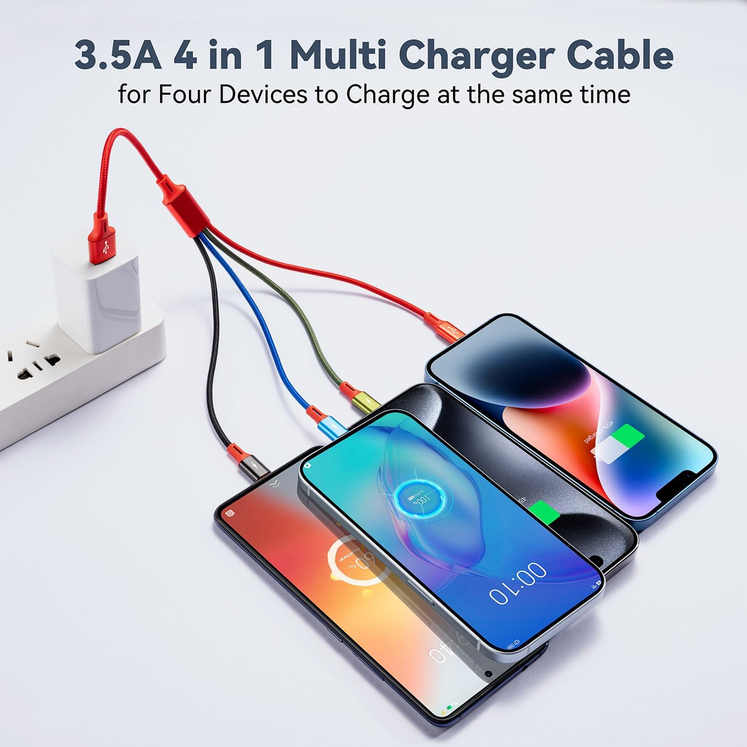 3.5A Fast Charging Cable [35CM] - 4-in-1 Multi Charger with Micro USB/Type C/Lightning - Nylon Braided for iPhone 16/15/14/13/12/11/Xs/X & Android Galaxy/Huawei/Nokia/Sony - Perfect for Home, Office & Travel Charging