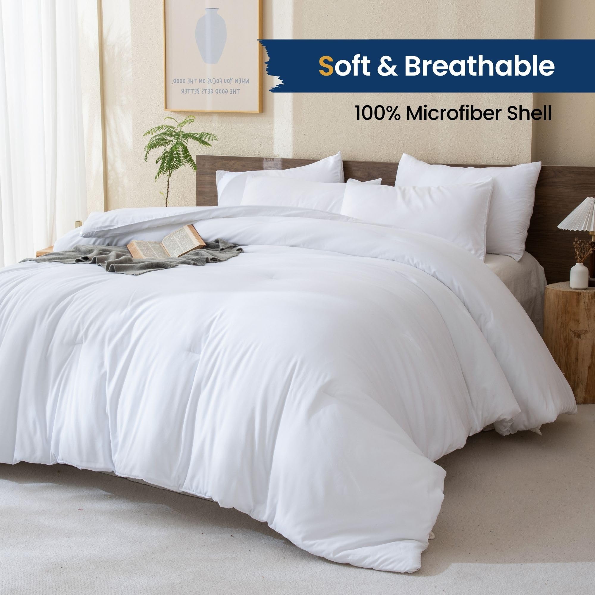 Paxrac Classic Pure White Queen Size Comforter Set - 3 Piece Boho Lightweight Solid Bedding, All Seasons Soft Breathable 90x90 Inch Comforter with 2 Pillowcases | Perfect for Guest Rooms, Master Bedrooms & Cozy Boho Chic Decor