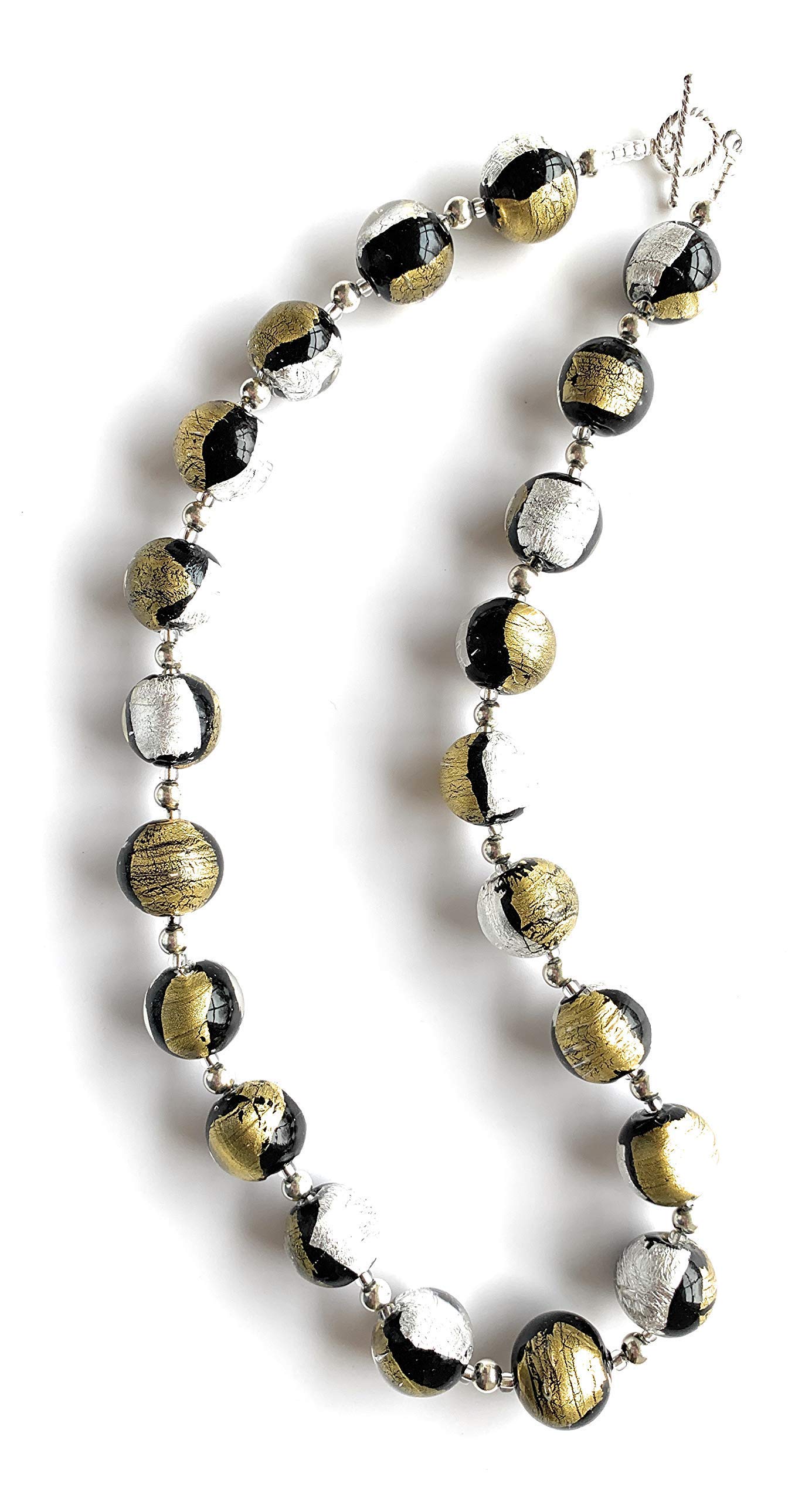 Diana Ingram Sterling Silver Necklace with Black Pastel, Silver & Gold Murano Glass Beads - Elegant Jewelry for Women, Perfect for Parties, Weddings & Special Occasions
