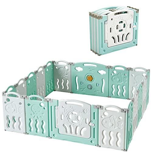 Albott 18-Panel Baby Playpen - Foldable Safety Play Yard for Toddlers & Kids, Adjustable Shape, Portable Indoor/Outdoor Play Center with Gate & Game Board (Blue) - Perfect for Home, Nursery, Daycare & Backyard Use