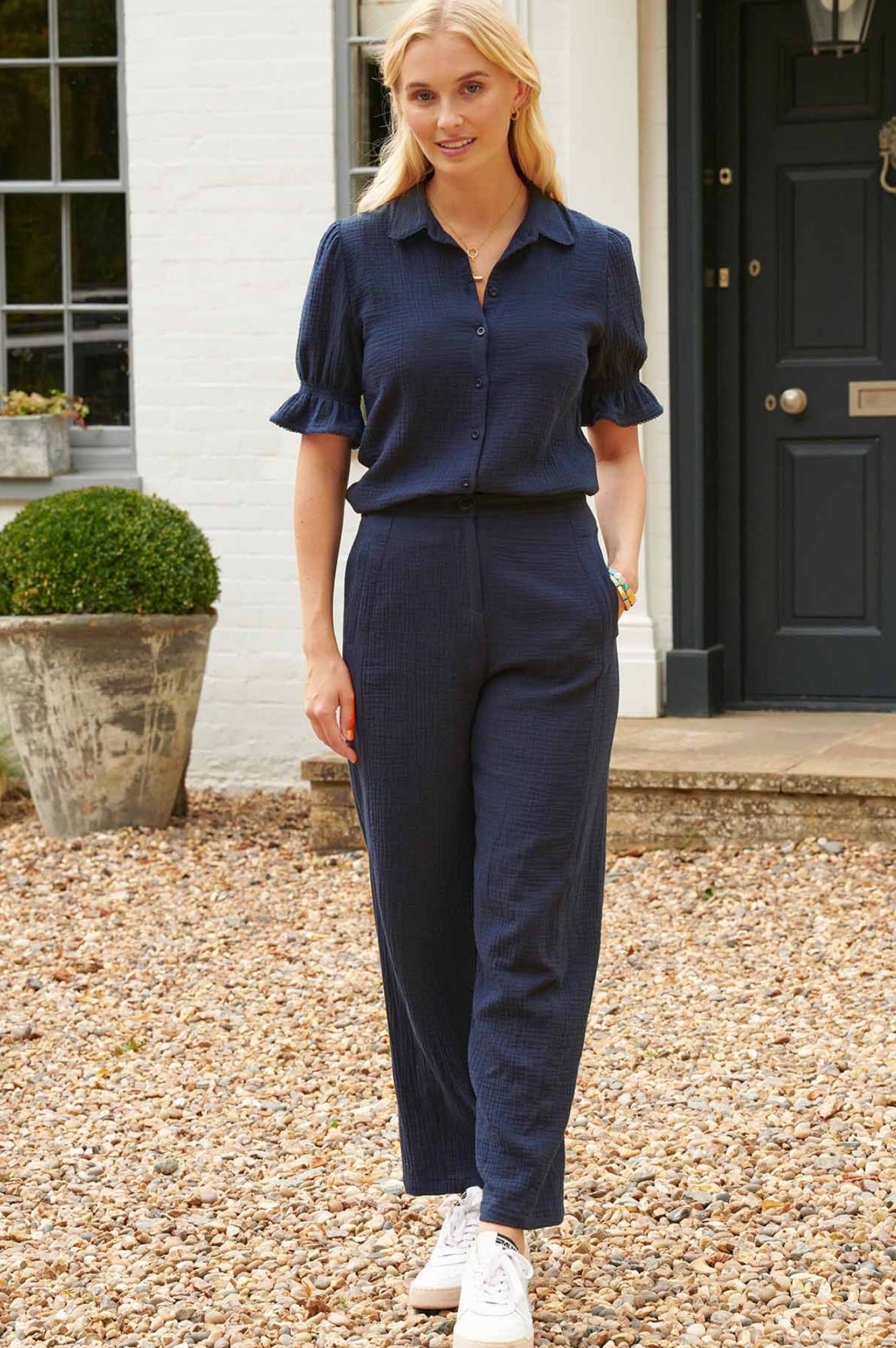Libby Cheesecloth Trousers for Women - Navy Blue Linen Pants | Comfortable Summer Casual Wear for Beach, Travel & Everyday Outfits