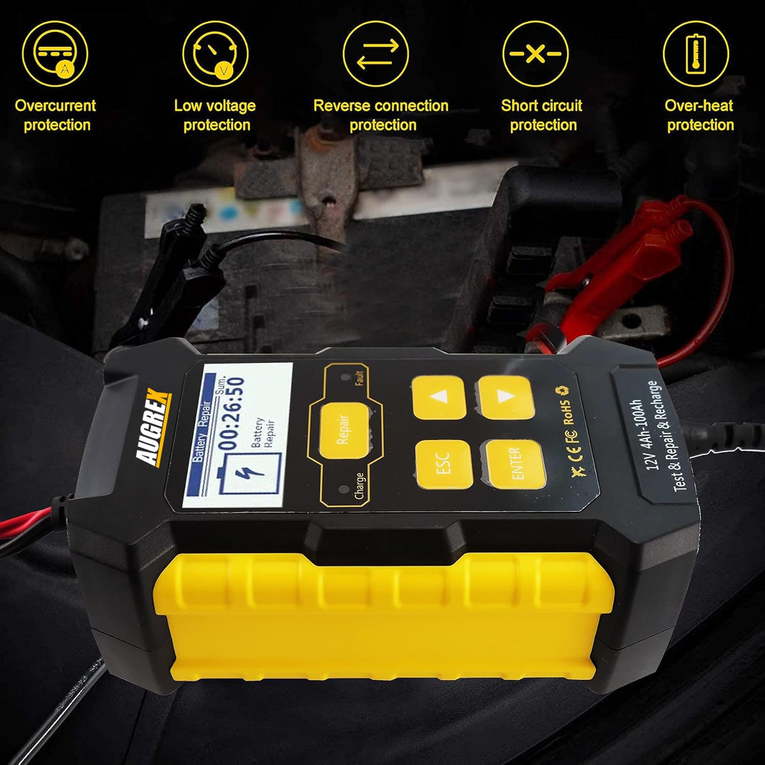 12V Car Battery Tester & Smart Charger - 4Ah-100Ah Auto Repair for Cars, Boats, RVs