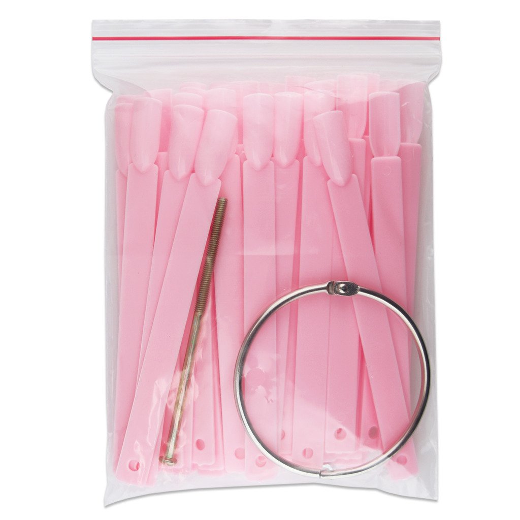 Beauticom® 50-Piece Pink Plastic False Nail Tips with Metal Ring Holder & Screw - Nail Polish Swatch Fan for Nail Art Practice, Design Display & Salon Organization - Perfect for DIY Manicures, Nail Tech Training & Beauty Salon Displays