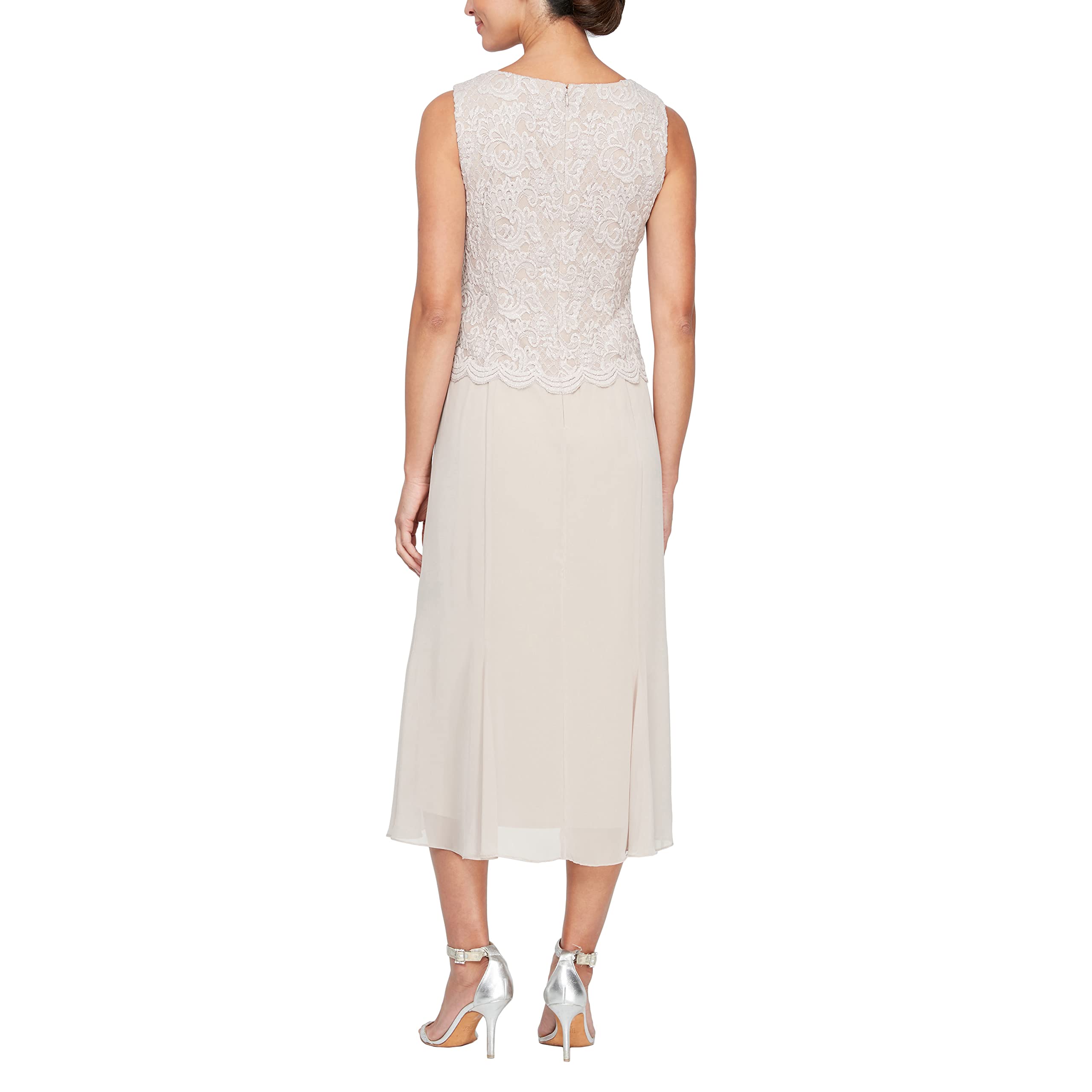 Alex Evenings Women's Tea Length Formal Dress for Weddings & Special Occasions | Petite & Regular Sizes | Taupe Buttonless Jacket | Size 10 | Perfect for Bridal Showers, Cocktail Parties & Evening Events