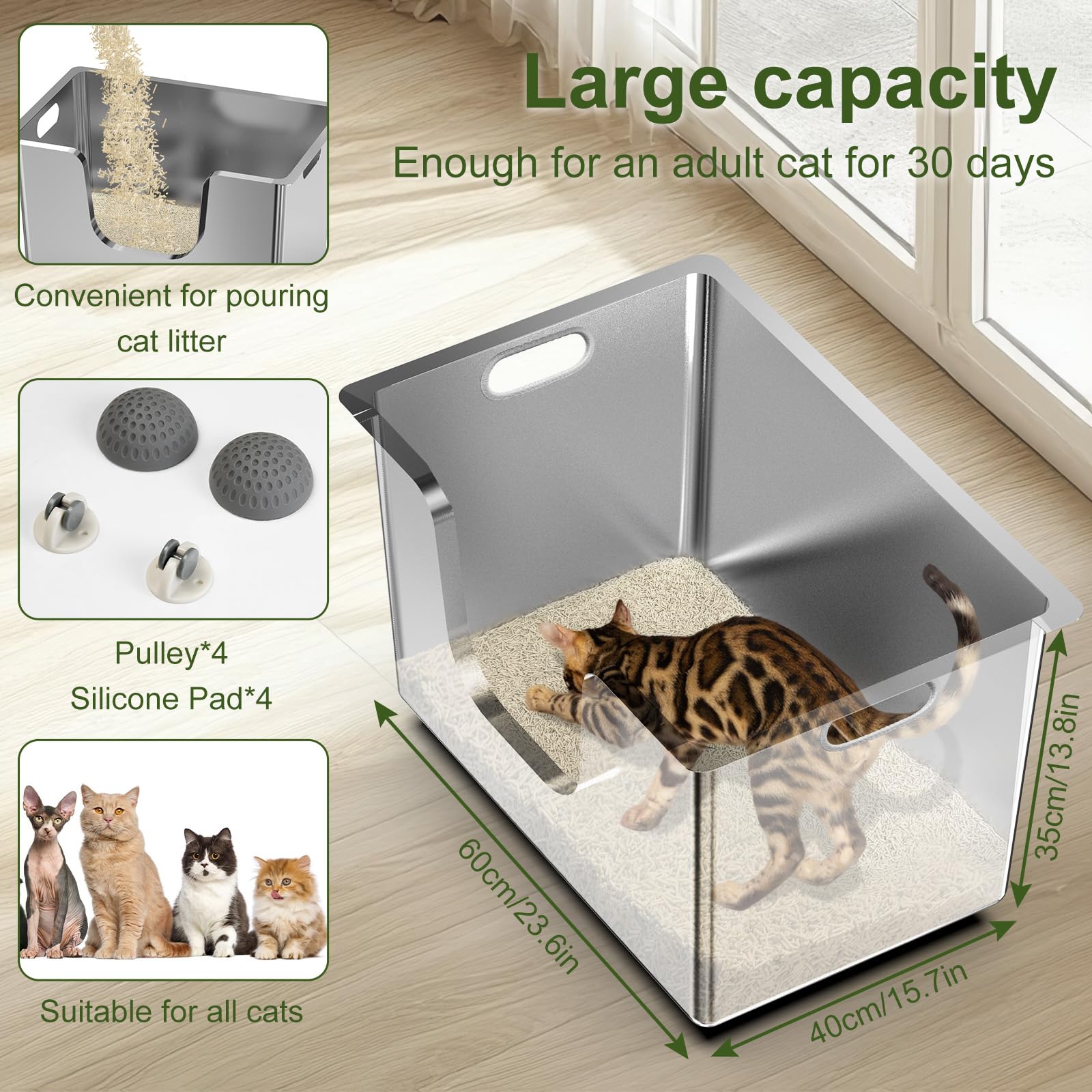 Extra Large Enclosed Stainless Steel Cat Litter Box - 13.8” High Sides for Big Cats | XL Metal Kitty Litter Pan with Wheels for Easy Mobility | Anti-Leak, Non-Stick & Easy Clean Design | Perfect for Multi-Cat Homes & Large Breed Pets