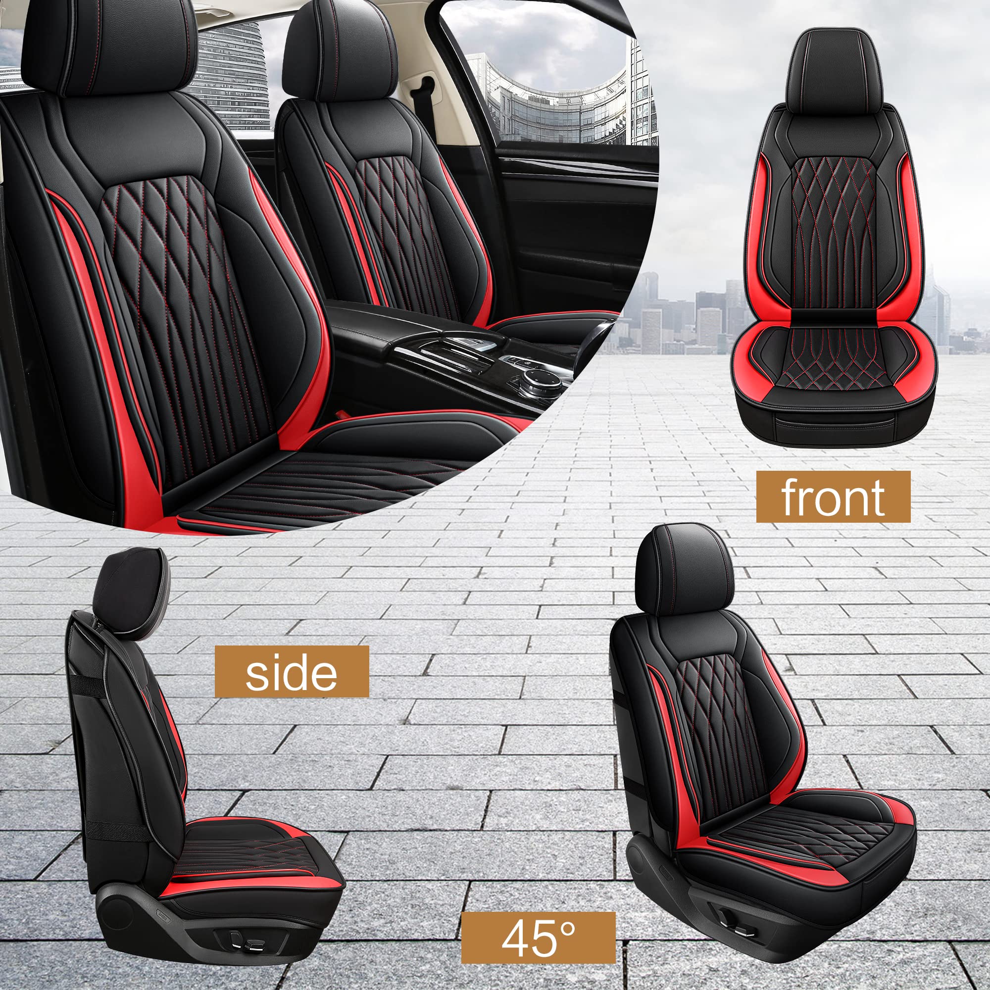 Premium Faux Leather Car Seat Covers Front Pair - Waterproof, Non-Slip Universal Fit for Sedans, Trucks & SUVs (Black/Red Line) | Durable Protection & Luxury Style for Daily Commute, Road Trips & Family Vehicles