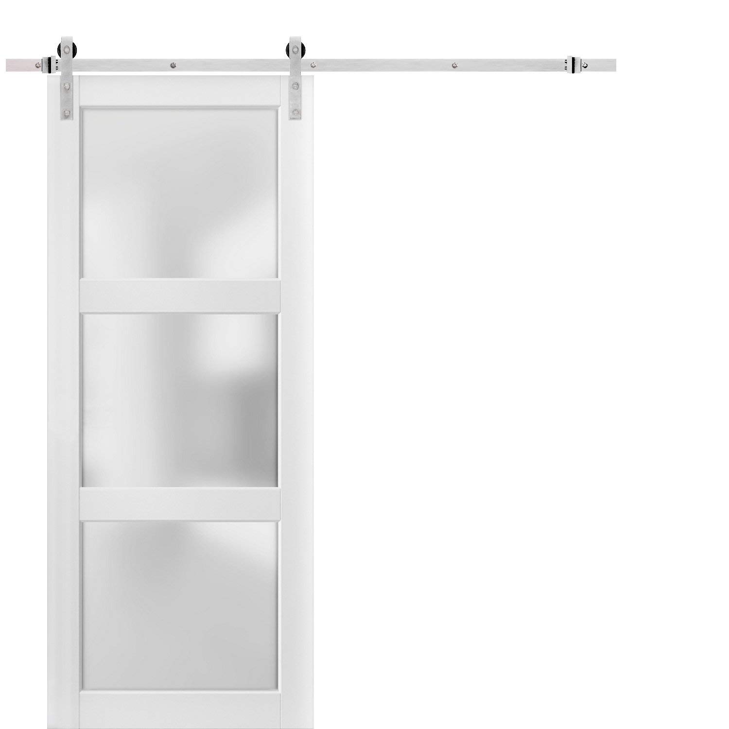 28 x 80 Inch Frosted Glass Barn Door with Matte White Finish - Heavy Duty Stainless Steel Rail System (6.6FT) - Perfect for Bedrooms, Closets & Interior Spaces