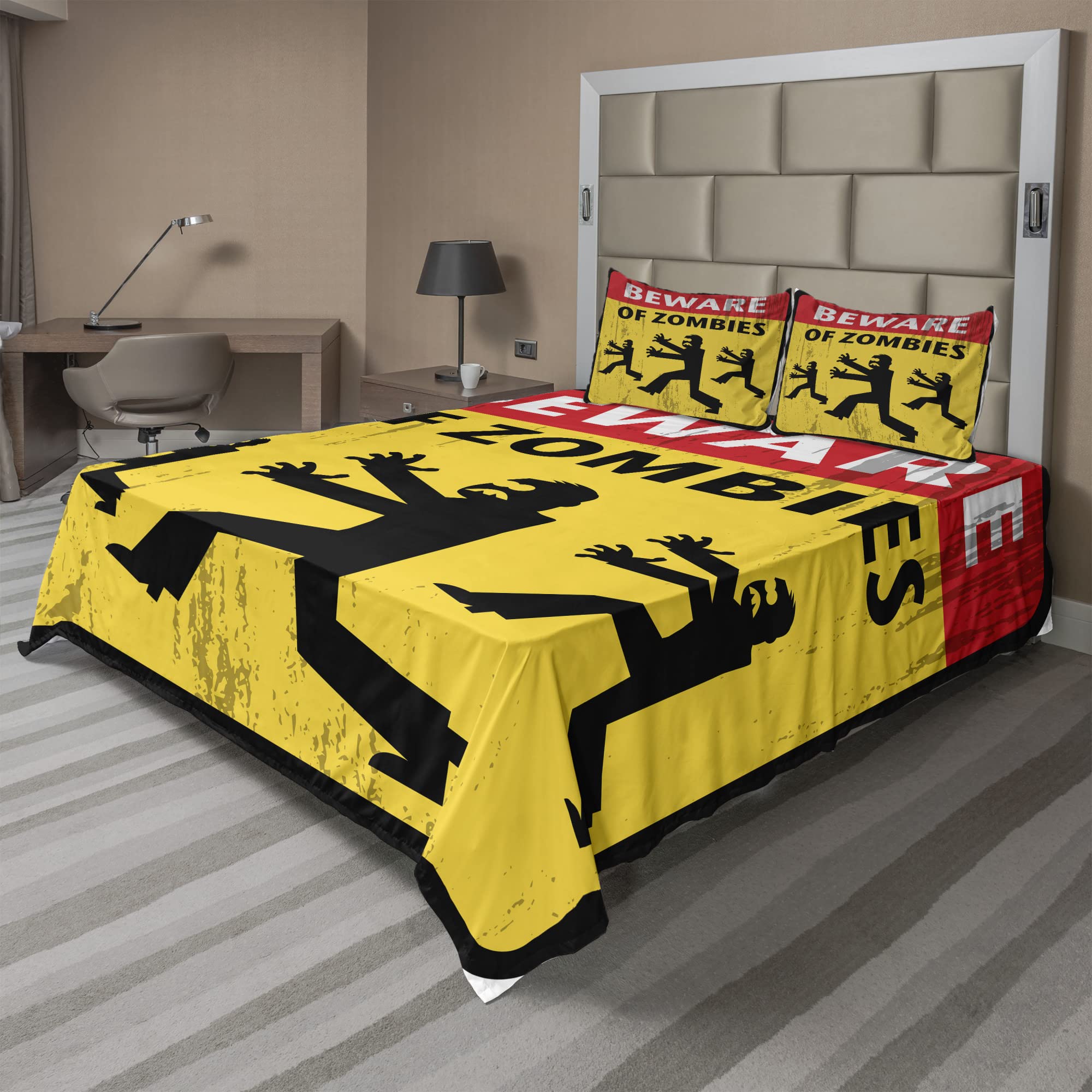 Ambesonne Zombie Bed Sheet Set 4-Piece - King Size, Yellow Black Red Graphic Art, Fitted & Flat Sheet with Pillowcases - Horror Fiction Humor Warning Design - Perfect for Halloween Decor, Themed Bedrooms & Zombie Lovers