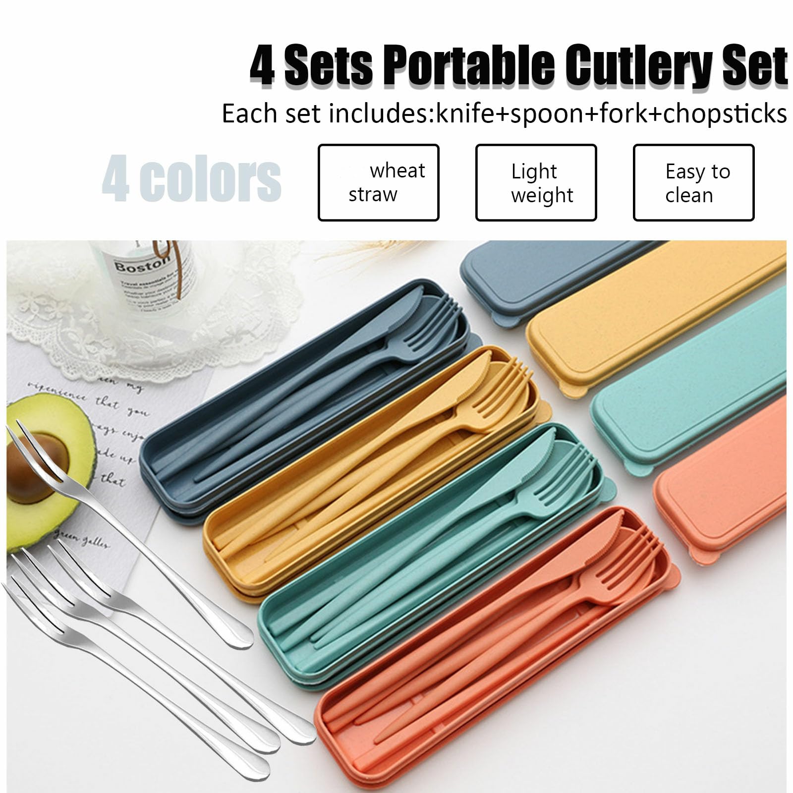 4-Piece Eco-Friendly Wheat Straw Cutlery Set - Reusable Spoon, Fork & Chopsticks with Travel Case | BPA-Free Portable Utensils for Lunch Box, Travel, Picnic, Camping & Office Use (4 Color Options)