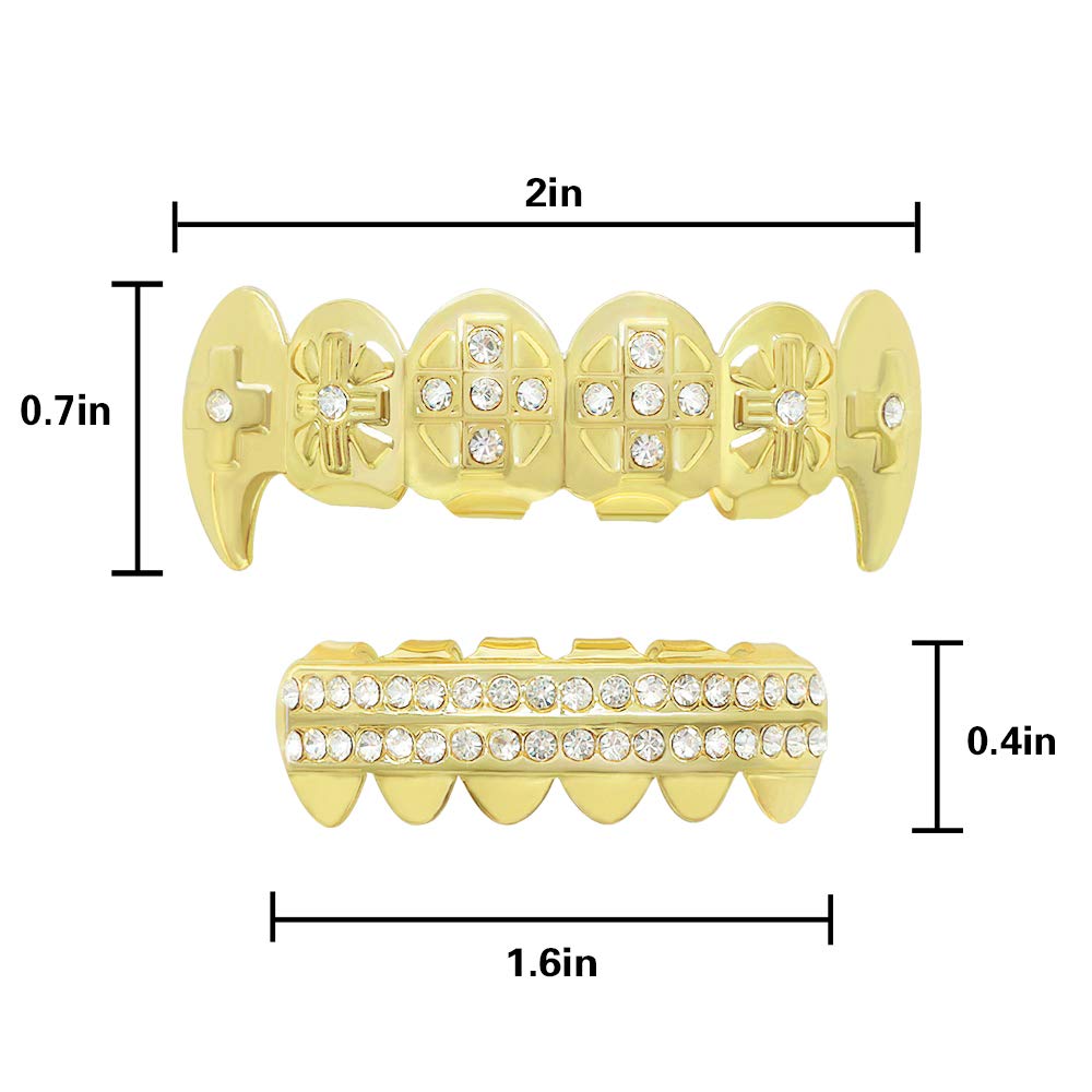 24K Gold Plated Grillz Teeth Set with CZ Diamonds - Top & Bottom Hip Hop Bling Iced Out Grillz for Men | Includes Extra Molding Bars & Microfiber Cloth | Perfect for Rappers, Performances & Special Events