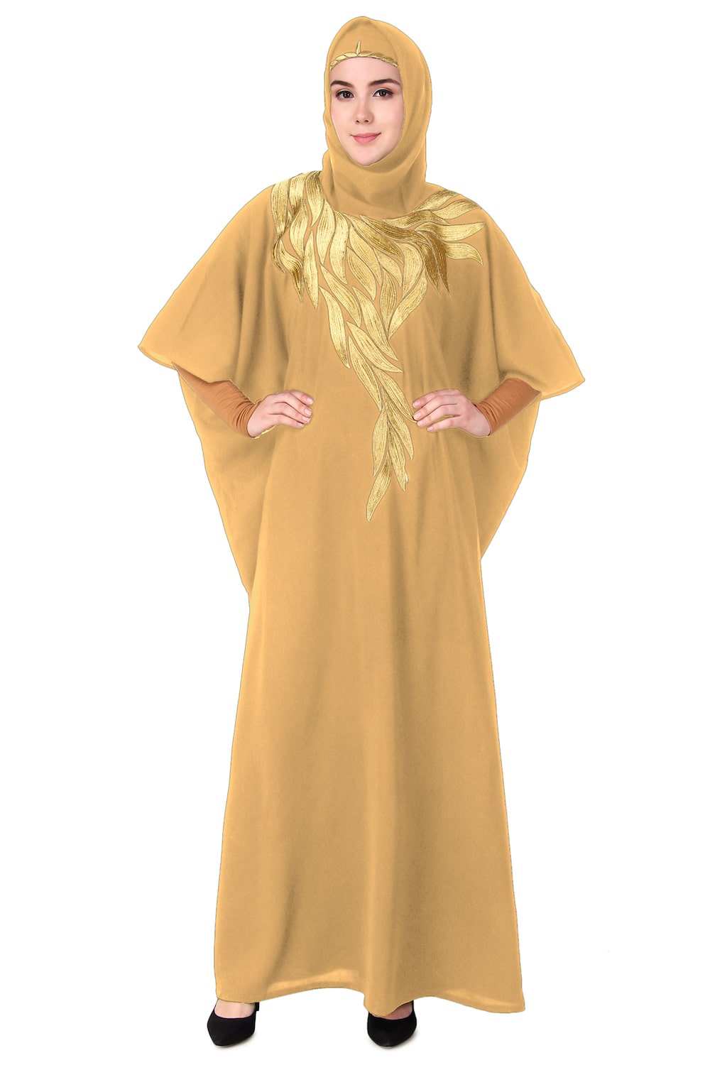 Handmade Gold Embroidered Multi-Leaf Design Kaftan Dress - Elegant Boho Chic Loungewear for Women, Perfect for Beach Cover-ups, Resort Wear & Summer Evenings