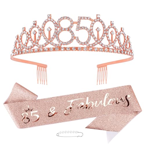 Elegant Rose Gold 85th Birthday Tiara & Sash Set - Perfect Women's 85th Birthday Gift & Party Decorations - Ideal for Milestone Celebrations, Photo Shoots & Special Occasions