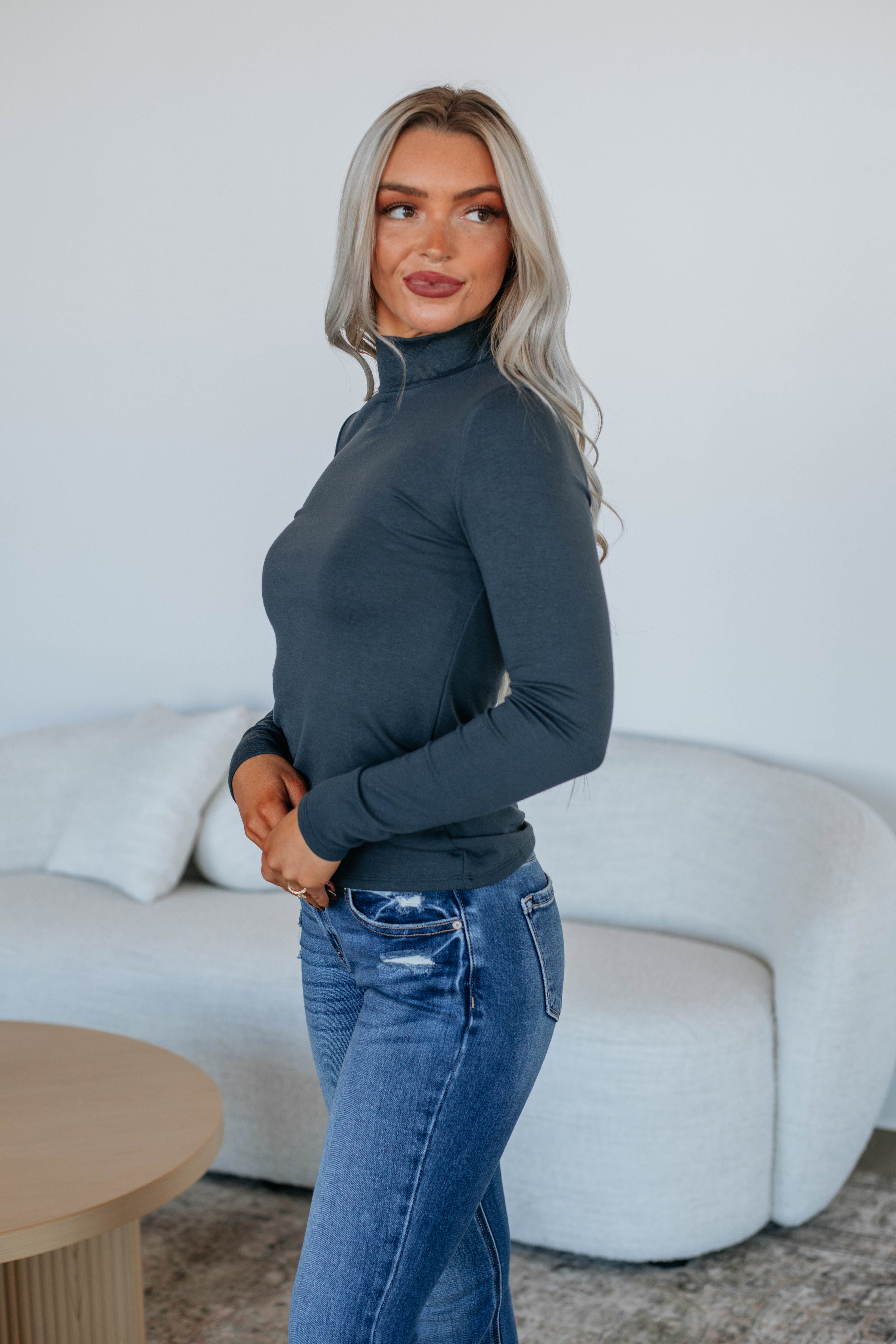 Evelina Mock Neck Long Sleeve Tops for Women - Midnight Blue Casual Blouse for Work & Date Night | Office Wear & Evening Outfits