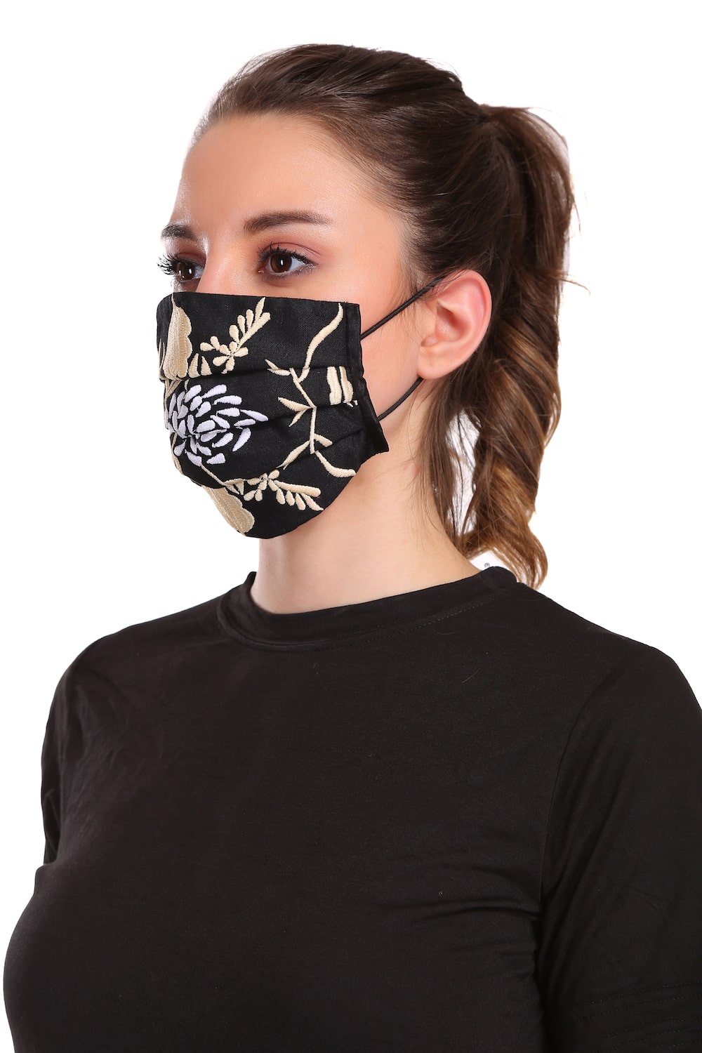 Floral Embroidered Black Rayon Pleated Face Mask - Reusable Washable Fabric Mask for Women - Perfect for Daily Use, Travel & Outdoor Activities