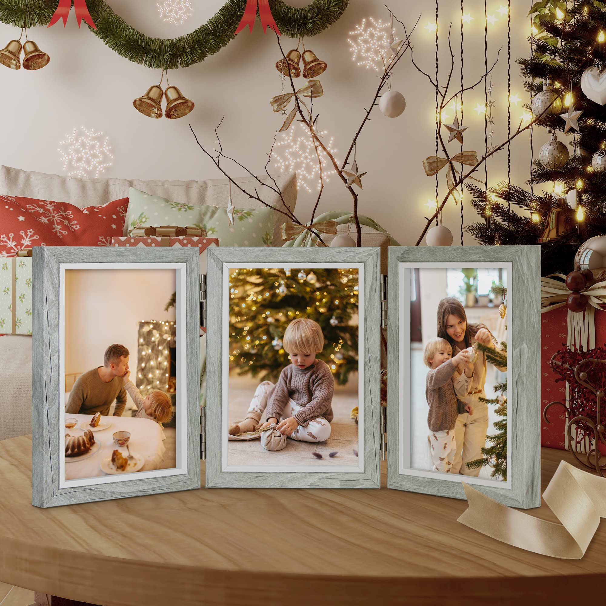 4x6 Picture Frame Collage Set of 3 - Real Glass Grey Wood Foldable Photo Frames for Wall & Tabletop Display - Perfect Gift for Family & Friends - Home Decor, Office, Living Room, Bedroom Display