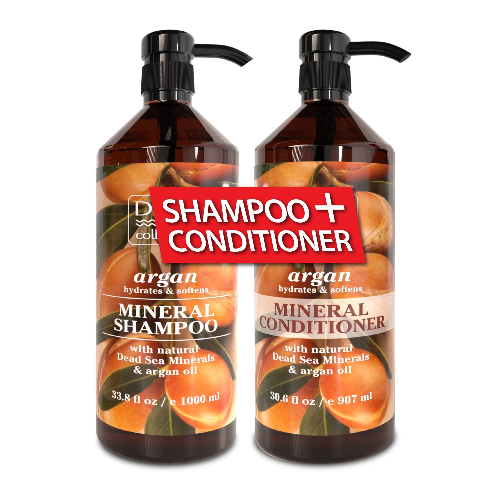 Dead Sea Minerals Shampoo & Conditioner Set with Argan Oil - Hydrating & Softening Hair Care for All Hair Types (33.8oz Shampoo + 30.6oz Conditioner) - Perfect for Dry, Damaged Hair & Daily Nourishment