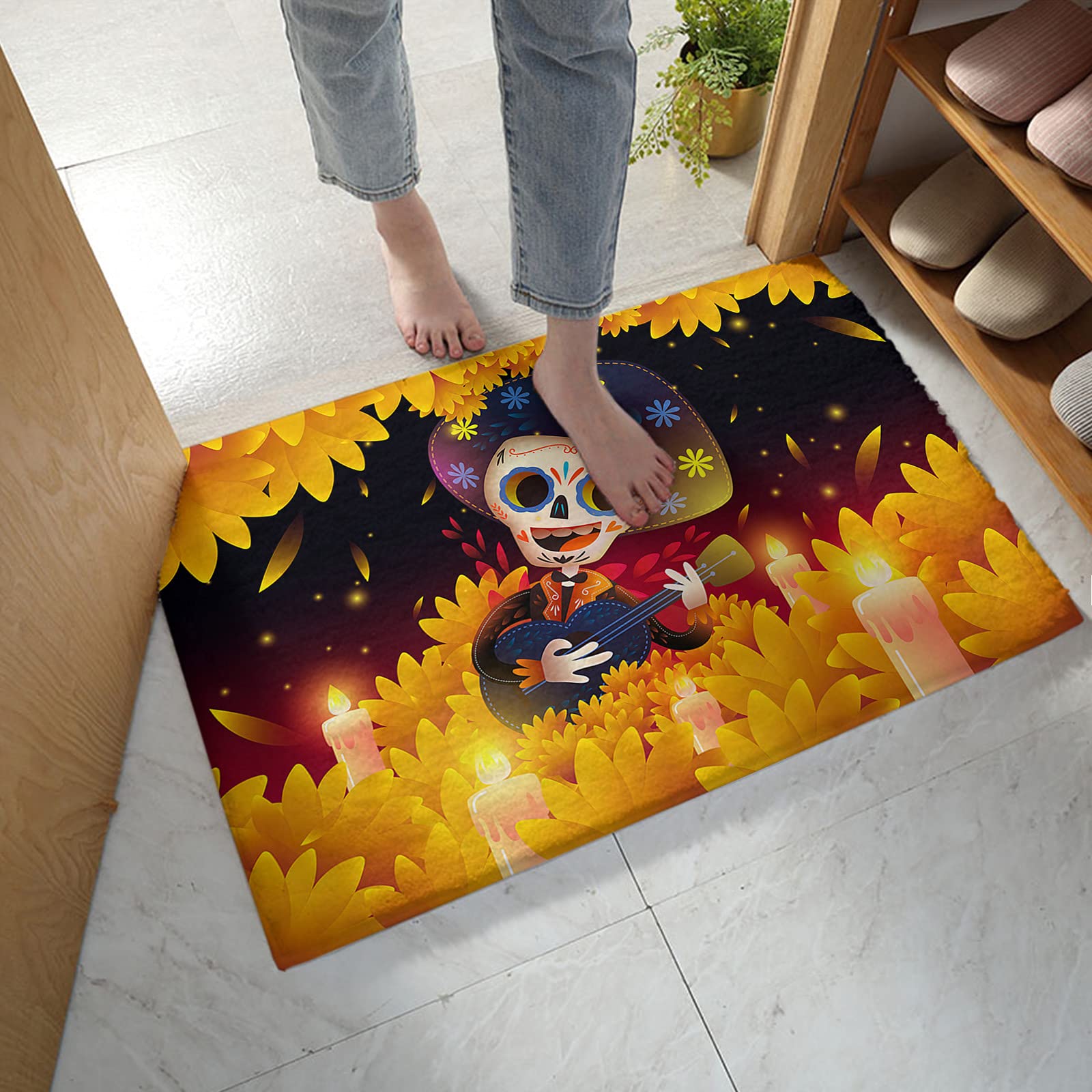 MuswannaA Non-Slip Microfiber Bath Mat - Cute Skeleton Playing Guitar Day of The Dead Design, Extra Absorbent Plush Shaggy Bathroom Rug for Shower & Floor - Perfect for Halloween Decor, Gothic Bathroom Theme, and Día de Muertos Celebrations