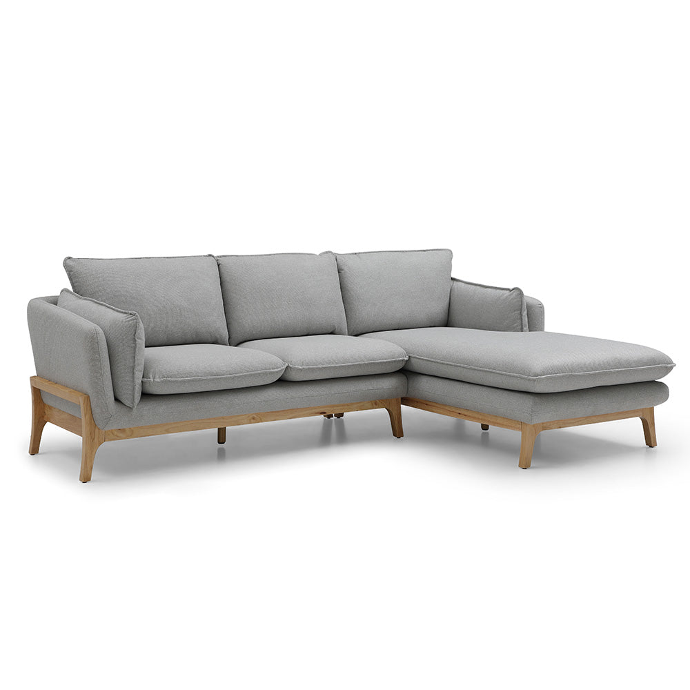 BRONTE 3-Seater Sofa with Right Chaise in Light Grey & Oak - Modern Living Room Furniture for Small Spaces & Apartments