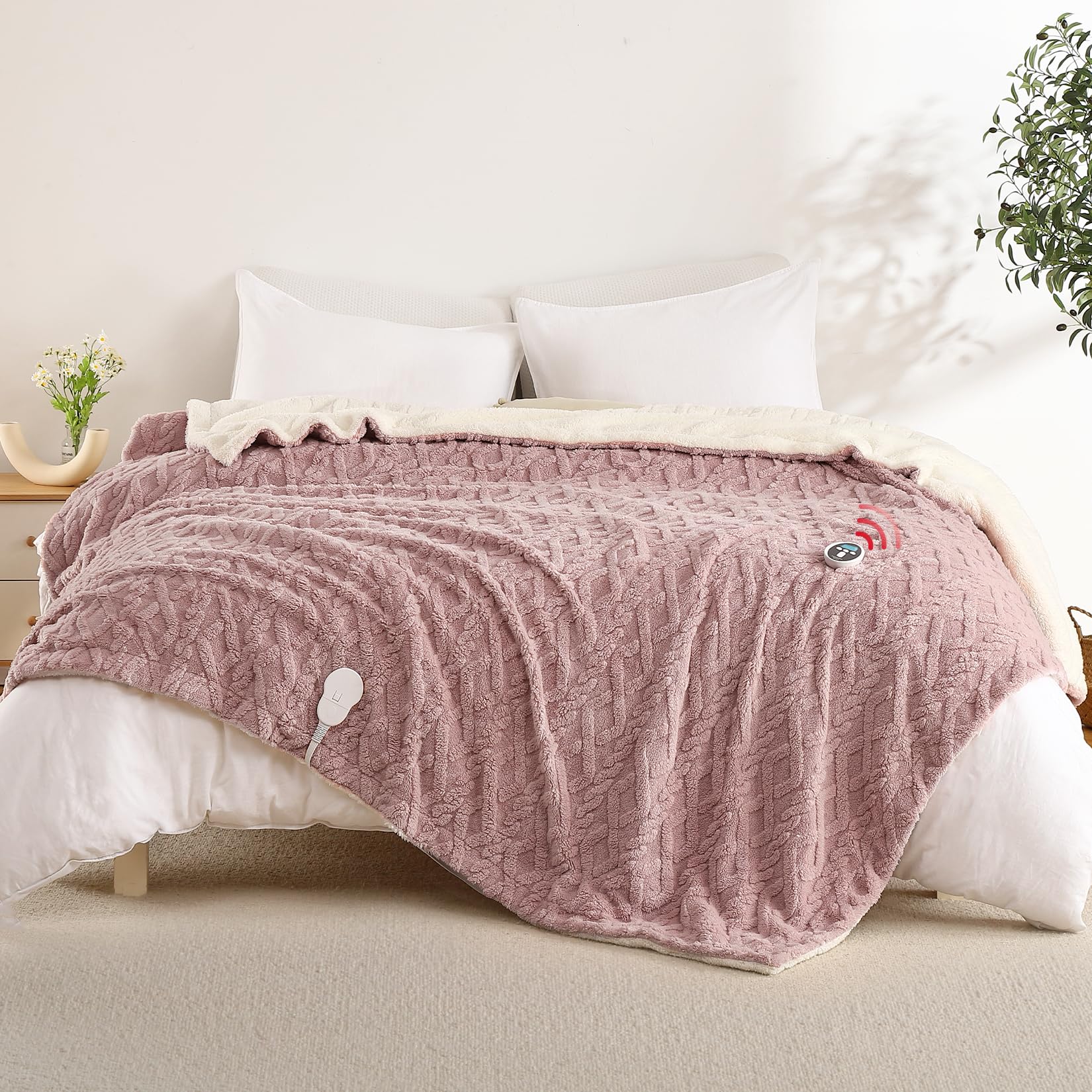 King Size Electric Blanket with Dual Control - 10 Heating Levels & Auto Shut Off | Wireless Heated Sherpa Blanket with Overheat Protection (90