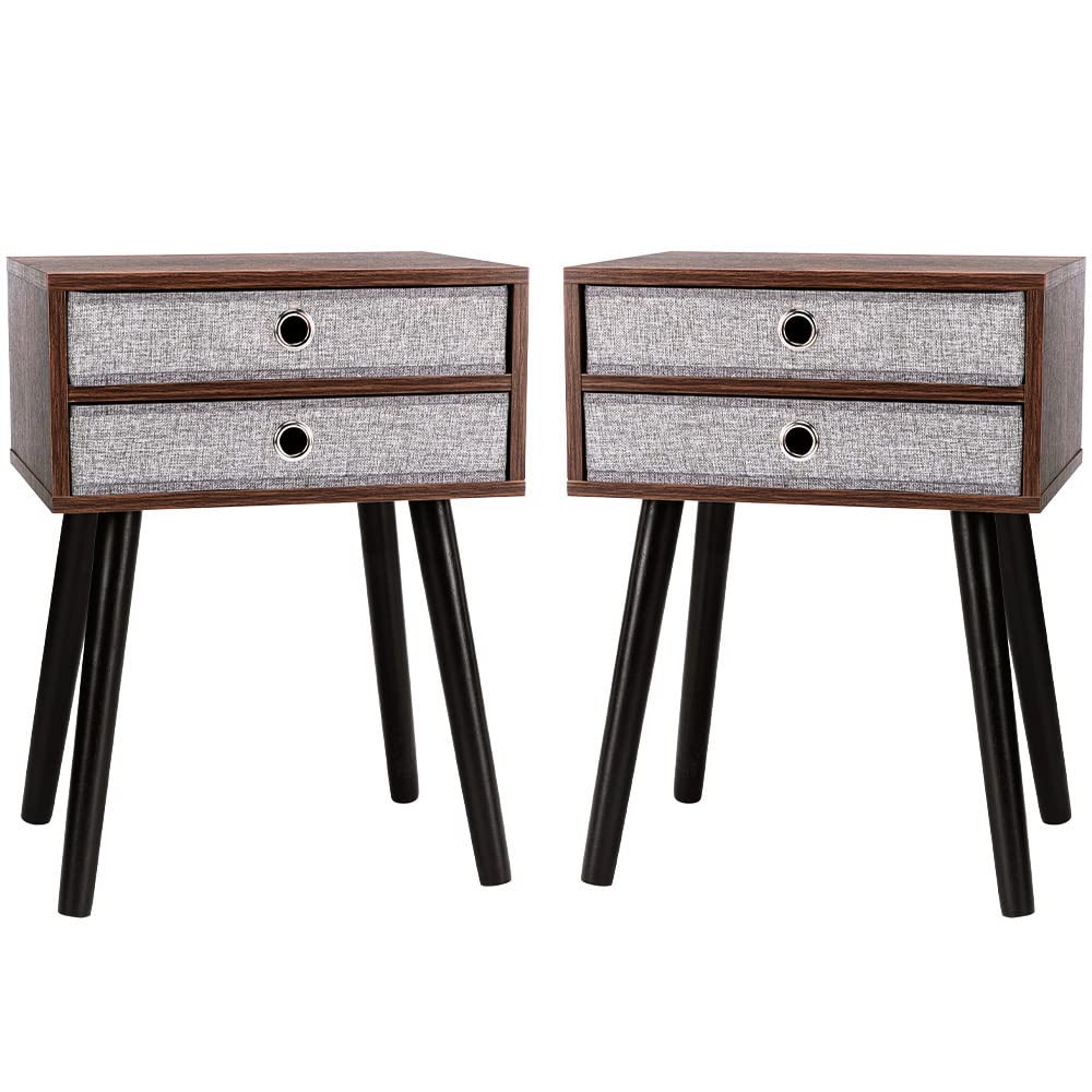 Mid Century Modern Nightstand Set of 2 - Industrial Bedside Table with Fabric Drawer for Bedroom & Living Room - Easy to Assemble Brown End Tables - Perfect for Small Spaces, Apartment Furniture & Guest Room Decor