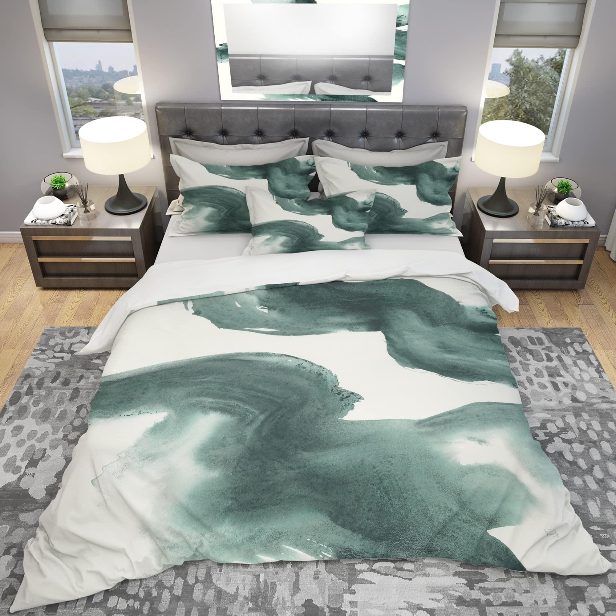 Designart 'Gouache Green on Gray I' Geometric King Size Bedding Set - 3 Piece Duvet Cover & 2 Shams (Comforter Not Included) | Modern Home Decor for Master Bedroom, Guest Room & Luxury Hotel Styling