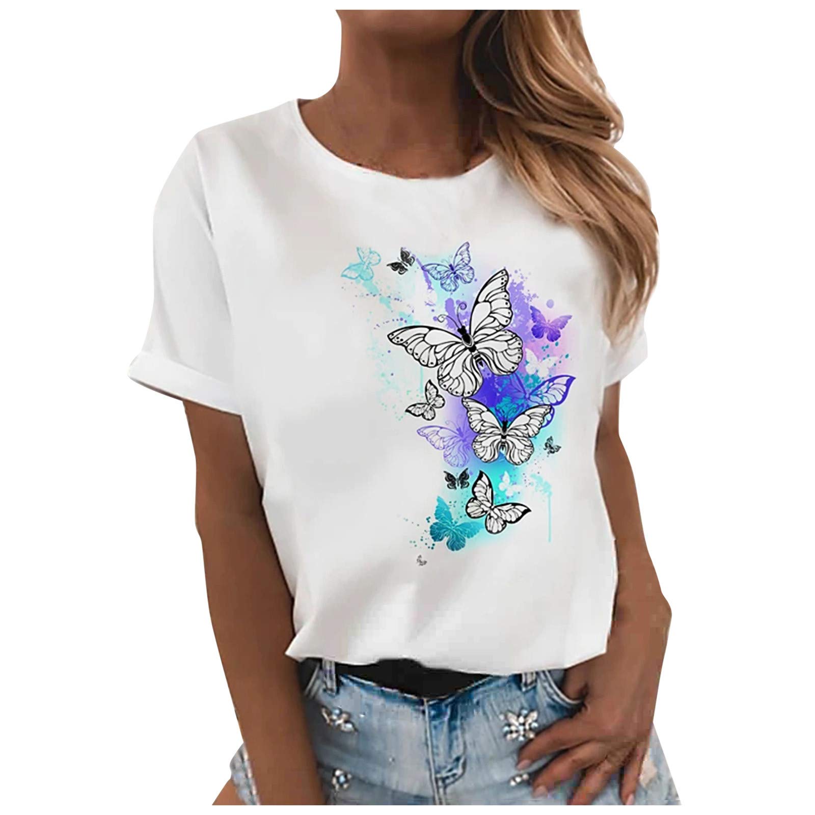 Women's Oversized Graphic Tee - Butterfly Print Loose Fit Short Sleeve Casual Top (White, S) | Perfect for Summer Outfits, Streetwear Fashion & Everyday Comfort