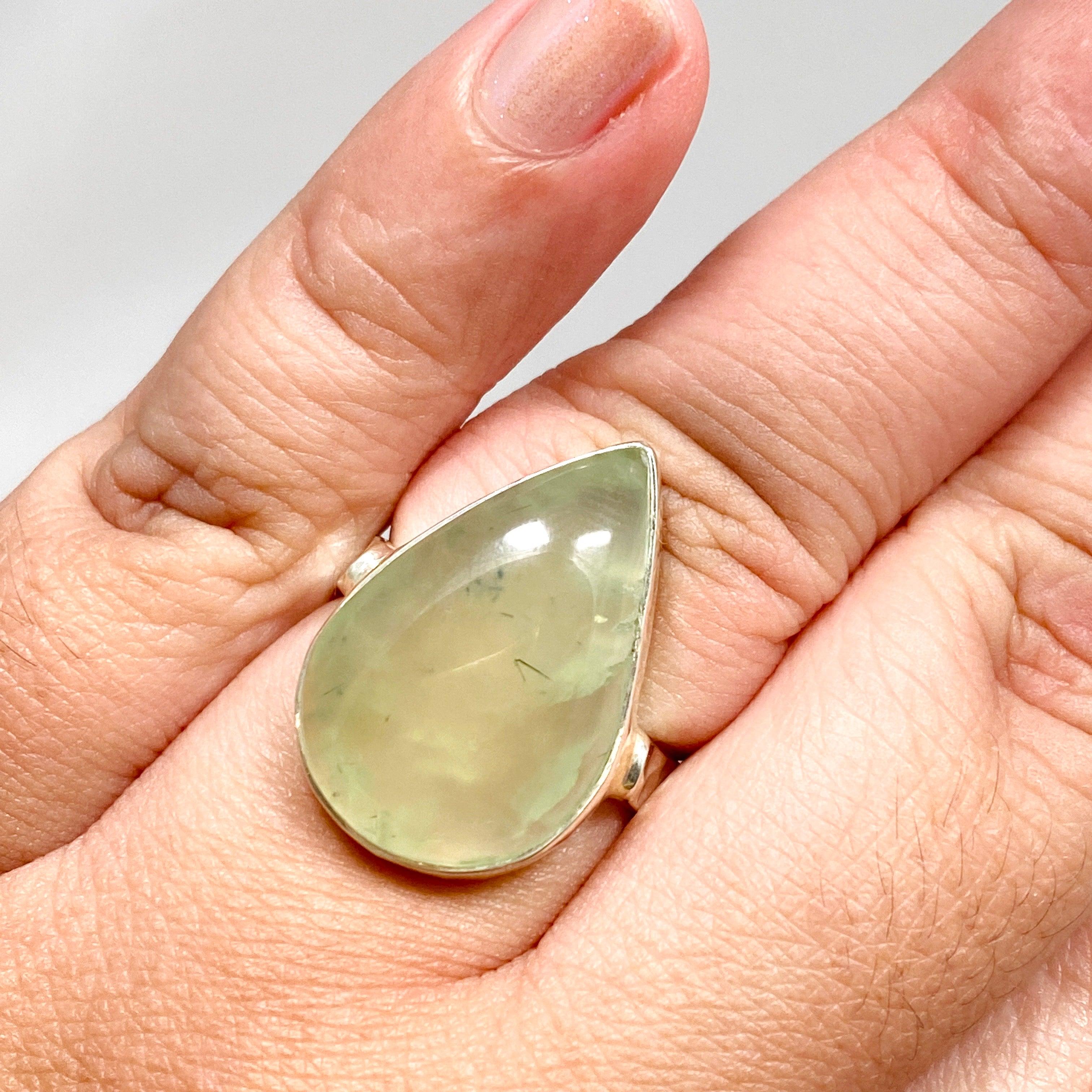 Prehnite Teardrop Hammered Band Ring - Size 10 - KRGJ3159 - Elegant Boho Jewelry for Women, Perfect for Weddings, Parties & Everyday Wear